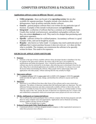 COMPUTER OPERATIONS & PACKAGES
132rmmakaha@gmail.com
Applications software comes in different 'flavors' - or types:
 Utility programs - these can be part of an operating system, but are also
available for separate purchase. Examples include virus checkers, disk
defragmenters, back up utilities and disk checker software.
 Generic - general purpose software that is not written for any particular type of
business. Examples of this include word processors and spreadsheets.
 Integrated - a collection of software that has a common set of commands/icons.
Usually they include word processors, spreadsheets and graphics software, but
they can contain databases as well. They tend to be cheaper than purchasing each
application separately.
 Specific - software written for a defined purpose. Accountancy software is a good
example of this, and can be bought by anyone.
 Bespoke - also known as 'tailor made'. A company may need a particular piece of
software that it cannot purchase because it does not exist yet - or it does not like
what is available. The company can commission the software to be specially
written for them. This tends to be expensive.
SOURCES OF APPLICATION SOFTWARE
1. Freeware
 Freeware is the type of freely available software whose developer decides to distribute it for free.
In contrast to the open source software, the source code in this case is not available for
modifications and further development. Also, it should be noted that the distribution of the
software may also be restricted by its developer, often allowing users to download it from his site
only. Many free to download applications are available on the Internet. It is always wise to read
the license before downloading the software. Many people tend to unknowingly share such
applications with other people, without realizing that this may actually be illegal.
2. Open source software
 Is computer software with its source code made available with a license in which the copyright
holder provides the rights to study, change, and distribute the software to anyone and for any
purpose.
3. Shareware
 Shareware is very different from these other forms of free software and to some extent also a
misnomer. The authors of shareware maintain their full intellectual right over shareware. The only
difference between shareware and other commercially available software is that in this case the
software is available for freely for trial for a limited number of days, or a limited number of times.
After the expiry of the ‘free’ period, the users of shareware are required to pay for it. Source code
and collaboration communities which exist around open source projects do not exist in this case.
4. Off-the –shelf/generic or Commercial Software
 This is software that can be purchased, from a software company that develops programs and sells
them too many computer users and organizations. Applications such as financial accounting,
business graphics and pay roll may be bought.
o These are bought from a vendor
5. In-house/Custom made/Tailor Made/Bespoke software
 Customized software is software designed around a company or other organization's processes to
make those processes more efficient.
 