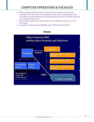 COMPUTER OPERATIONS & PACKAGES
158rmmakaha@gmail.com
 Object-oriented database models consist of diverse structures and is quite
extensible. This data model was designed to work closely with programs built
with Object-oriented programming languages thereby almost making the data and
the program operate as one.
 There is little commercial implementation of this database model as it is still
developing.
 Examples of Object-oriented DBMS include; IBM DB4 and DTS/S1.
Diagram
 
