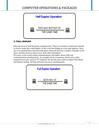 COMPUTER OPERATIONS & PACKAGES
171rmmakaha@gmail.com
3. FULL DUPLEX
Data can travel in both directions simultaneously. There is no need to switch from transmit
to receive mode like in half duplex. It like a two lane bridge on a two-lane highway. Have
you ever watched these television talk shows where the host has a number of people on the
show, and they all try to talk at once. Well, that's full duplex!
Of course, in the world of data communications, full duplex allows both way
communications simultaneously. An example can be a consumer, which uses a cable
connection not only, receives TV channels, but also the same cable to support their phone
and Internet surfing. All these activities can occur simultaneously.
 