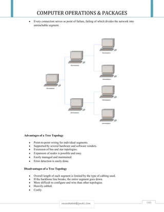 COMPUTER OPERATIONS & PACKAGES
180rmmakaha@gmail.com
 Every connection serves as point of failure, failing of which divides the network into
unreachable segment.
Advantages of a Tree Topology
 Point-to-point wiring for individual segments.
 Supported by several hardware and software venders.
 Extension of bus and star topologies.
 Expansion of nodes is possible and easy.
 Easily managed and maintained.
 Error detection is easily done.
Disadvantages of a Tree Topology
 Overall length of each segment is limited by the type of cabling used.
 If the backbone line breaks, the entire segment goes down.
 More difficult to configure and wire than other topologies.
 Heavily cabled.
 Costly.
 
