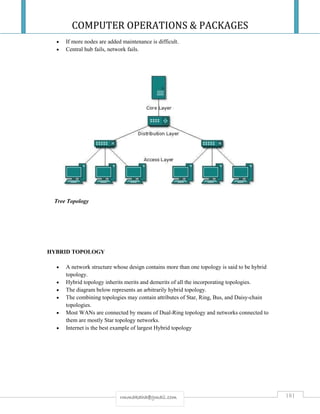 COMPUTER OPERATIONS & PACKAGES
181rmmakaha@gmail.com
 If more nodes are added maintenance is difficult.
 Central hub fails, network fails.
Tree Topology
HYBRID TOPOLOGY
 A network structure whose design contains more than one topology is said to be hybrid
topology.
 Hybrid topology inherits merits and demerits of all the incorporating topologies.
 The diagram below represents an arbitrarily hybrid topology.
 The combining topologies may contain attributes of Star, Ring, Bus, and Daisy-chain
topologies.
 Most WANs are connected by means of Dual-Ring topology and networks connected to
them are mostly Star topology networks.
 Internet is the best example of largest Hybrid topology
 