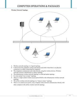 COMPUTER OPERATIONS & PACKAGES
183rmmakaha@gmail.com
Wireless Network Topology
 Wireless network topology is a logical topology.
 It shows how the computers connect and interact each other when there is no physical
connection, no cables connecting the computers.
 The computers communicate each other directly, using the wireless devices. Wireless
networks can have infrastructure or ad hoc topology.
 The infrastructure wireless network topology is a hub and spoke topology.
 It is also named “one to many” topology.
 There is a single central wireless access point (WAP) in the infrastructure wireless network
topology.
 The ad hoc wireless network topology is a “many to many” topology.
 There is no central access point, every computer of the network communicates directly with
other computer in the ad hoc wireless network topology.
 