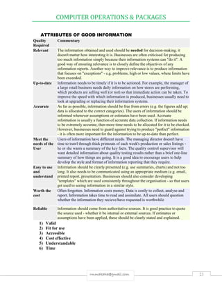 COMPUTER OPERATIONS & PACKAGES
23rmmakaha@gmail.com
ATTRIBUTES OF GOOD INFORMATION
Quality
Required
Commentary
Relevant The information obtained and used should be needed for decision-making. it
doesn't matter how interesting it is. Businesses are often criticised for producing
too much information simply because their information systems can "do it". A
good way of ensuring relevance is to closely define the objectives of any
information reports. Another way to improve relevance is to produce information
that focuses on "exceptions" - e.g. problems, high or low values, where limits have
been exceeded.
Up-to-date Information needs to be timely if it is to be actioned. For example, the manager of
a large retail business needs daily information on how stores are performing,
which products are selling well (or not) so that immediate action can be taken. To
improve the speed with which information is produced, businesses usually need to
look at upgrading or replacing their information systems.
Accurate As far as possible, information should be free from errors (e.g. the figures add up;
data is allocated to the correct categories). The users of information should be
informed whenever assumptions or estimates have been used. Accruate
information is usually a function of accurate data collection. If information needs
to be extremely accurate, then more time needs to be allocated for it to be checked.
However, businesses need to guard against trying to produce "perfect" information
- it is often more important for the information to be up-to-date than perfect.
Meet the
needs of the
User
Users of information have different needs. The managing director doesn't have
time to trawl through thick printouts of each week's production or sales listings -
he or she wants a summary of the key facts. The quality control supervisor will
want detailed information about quality testing results rather than a brief one-line
summary of how things are going. It is a good idea to encourage users to help
develop the style and format of information reporting that they require.
Easy to use
and
understand
Information should be clearly presented (e.g. use summaries, charts) and not too
long. It also needs to be communicated using an appropriate medium (e.g. email,
printed report, presentation. Businesses should also consider developing
"templates" which are used consistently throughout the organisation - so that users
get used to seeing information in a similar style.
Worth the
cost
Often forgotten. Information costs money. Data is costly to collect, analyse and
report. Information takes time to read and assimilate. All users should question
whether the information they recieve/have requested is worthwhile
Reliable Information should come from authoritative sources. It is good practice to quote
the source used - whether it be internal or external sources. If estimates or
assumptions have been applied, these should be clearly stated and explained.
1) Valid
2) Fit for use
3) Accessible
4) Cost effective
5) Understandable
6) Time
 