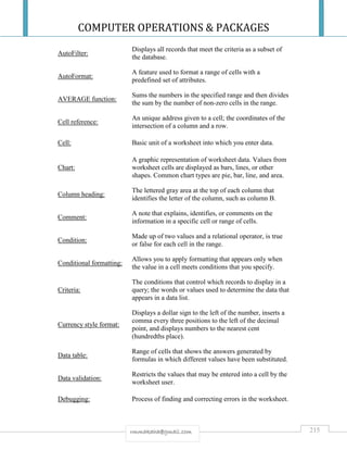 COMPUTER OPERATIONS & PACKAGES
215rmmakaha@gmail.com
AutoFilter:
Displays all records that meet the criteria as a subset of
the database.
AutoFormat:
A feature used to format a range of cells with a
predefined set of attributes.
AVERAGE function:
Sums the numbers in the specified range and then divides
the sum by the number of non-zero cells in the range.
Cell reference:
An unique address given to a cell; the coordinates of the
intersection of a column and a row.
Cell: Basic unit of a worksheet into which you enter data.
Chart:
A graphic representation of worksheet data. Values from
worksheet cells are displayed as bars, lines, or other
shapes. Common chart types are pie, bar, line, and area.
Column heading:
The lettered gray area at the top of each column that
identifies the letter of the column, such as column B.
Comment:
A note that explains, identifies, or comments on the
information in a specific cell or range of cells.
Condition:
Made up of two values and a relational operator, is true
or false for each cell in the range.
Conditional formatting:
Allows you to apply formatting that appears only when
the value in a cell meets conditions that you specify.
Criteria:
The conditions that control which records to display in a
query; the words or values used to determine the data that
appears in a data list.
Currency style format:
Displays a dollar sign to the left of the number, inserts a
comma every three positions to the left of the decimal
point, and displays numbers to the nearest cent
(hundredths place).
Data table:
Range of cells that shows the answers generated by
formulas in which different values have been substituted.
Data validation:
Restricts the values that may be entered into a cell by the
worksheet user.
Debugging: Process of finding and correcting errors in the worksheet.
 