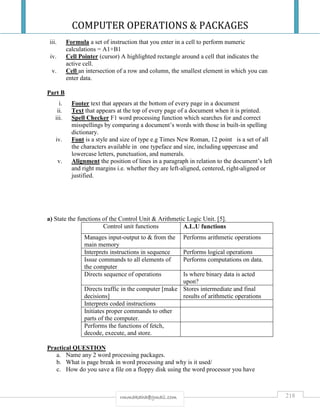 COMPUTER OPERATIONS & PACKAGES
218rmmakaha@gmail.com
iii. Formula a set of instruction that you enter in a cell to perform numeric
calculations = A1+B1
iv. Cell Pointer (cursor) A highlighted rectangle around a cell that indicates the
active cell.
v. Cell an intersection of a row and column, the smallest element in which you can
enter data.
Part B
i. Footer text that appears at the bottom of every page in a document
ii. Text that appears at the top of every page of a document when it is printed.
iii. Spell Checker F1 word processing function which searches for and correct
misspellings by comparing a document’s words with those in built-in spelling
dictionary.
iv. Font is a style and size of type e.g Times New Roman, 12 point is a set of all
the characters available in one typeface and size, including uppercase and
lowercase letters, punctuation, and numerals.
v. Alignment the position of lines in a paragraph in relation to the document’s left
and right margins i.e. whether they are left-aligned, centered, right-aligned or
justified.
a) State the functions of the Control Unit & Arithmetic Logic Unit. [5].
Control unit functions A.L.U functions
Manages input-output to & from the
main memory
Performs arithmetic operations
Interprets instructions in sequence Performs logical operations
Issue commands to all elements of
the computer
Performs computations on data.
Directs sequence of operations Is where binary data is acted
upon?
Directs traffic in the computer [make
decisions]
Stores intermediate and final
results of arithmetic operations
Interprets coded instructions
Initiates proper commands to other
parts of the computer.
Performs the functions of fetch,
decode, execute, and store.
Practical QUESTION
a. Name any 2 word processing packages.
b. What is page break in word processing and why is it used/
c. How do you save a file on a floppy disk using the word processor you have
 