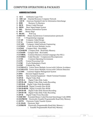 COMPUTER OPERATIONS & PACKAGES
229rmmakaha@gmail.com
ABBREVIATIONS
1) ALU Arithmetic Logic Unit
2) ARC net Attached Resource Computer Network
3) ASCII American Standard Code for Information Interchange
4) B2B Business-To-Business
5) BCD Binary Coded Decimal
6) BIOS Basic Input/Output System
7) BIS Business Information System
8) BIT Binary Digit
9) BLOG Web Log
10) BSYNC Binary Synchronous Communications (protocol)
11) C C Programming Language
12) CAD Computer Aided Design
13) CAL Computer Aided Learning
14) CASE Computer Aided Software Engineering
15) CDMA Code Division Multiple Access
16) CD-R Compact Disk - Recordable
17) CD-ROM Compact Disk - Read Only Memory
18) CD-RW Compact Disk - Rewritable
19) COBOL Common Business-oriented Language (See HLL)
20) CODEC Coder/Decoder + Compression/Decompression
21) COE Common Operating Environment
22) CPU Central Processing Unit
23) CRC Cyclic Redundancy Check
24) CRT Cathode Ray Tube
25) CSMA/CA Carrier Sense Multiple Access/with Collision Avoidance
26) CSMA/CD Carrier Sense Multiple Access/with Collision Detection
27) CSMS Customer Support Management System
28) DSS Decision Support System
29) DTE Data Terminal Equipment + Dumb Terminal Emulator
30) DVD Digital Video Disk
31) DVD-A Digital Video Disk-Audio
32) DVD-AR Digital Video Disk-Audio Recording
33) DVD-R Digital Video Disk-Recordable
34) DVD-RAM Digital Versatile Disc-RAM
35) DVD-ROM Digital Versatile Disc-ROM
36) DVD-SR Digital Video Disk-Stream Recording
37) DVD-VR Digital Video Disk-Video Recording
38) DVR Digital Video/Voice Recorder
39) EBCDIC Extended Binary Coded Decimal Interchange Code [IBM]
40) EEPROM Electrically Erasable Programmable Read-Only Memory
41) EFTS Electronic Funds Transfer System
42) E-MAIL Electronic Mail
43) EPROM Electrically Programmable Read Only Memory +
i. Erasable Programmable Read Only Memory
 