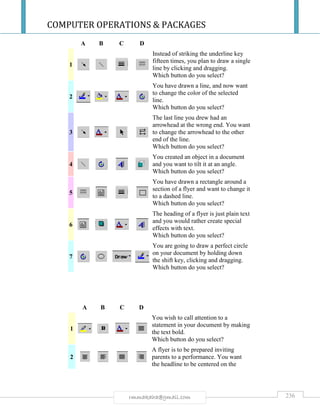 COMPUTER OPERATIONS & PACKAGES
236rmmakaha@gmail.com
A B C D
1
Instead of striking the underline key
fifteen times, you plan to draw a single
line by clicking and dragging.
Which button do you select?
2
You have drawn a line, and now want
to change the color of the selected
line.
Which button do you select?
3
The last line you drew had an
arrowhead at the wrong end. You want
to change the arrowhead to the other
end of the line.
Which button do you select?
4
You created an object in a document
and you want to tilt it at an angle.
Which button do you select?
5
You have drawn a rectangle around a
section of a flyer and want to change it
to a dashed line.
Which button do you select?
6
The heading of a flyer is just plain text
and you would rather create special
effects with text.
Which button do you select?
7
You are going to draw a perfect circle
on your document by holding down
the shift key, clicking and dragging.
Which button do you select?
A B C D
1
You wish to call attention to a
statement in your document by making
the text bold.
Which button do you select?
2
A flyer is to be prepared inviting
parents to a performance. You want
the headline to be centered on the
 