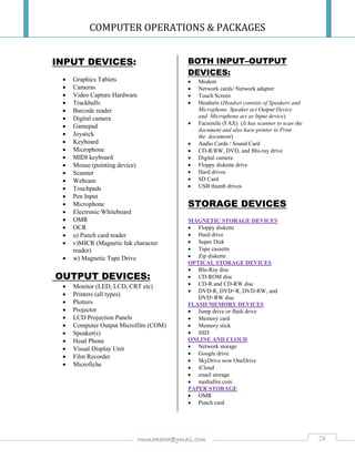 COMPUTER OPERATIONS & PACKAGES
28rmmakaha@gmail.com
INPUT DEVICES:
 Graphics Tablets
 Cameras
 Video Capture Hardware
 Trackballs
 Barcode reader
 Digital camera
 Gamepad
 Joystick
 Keyboard
 Microphone
 MIDI keyboard
 Mouse (pointing device)
 Scanner
 Webcam
 Touchpads
 Pen Input
 Microphone
 Electronic Whiteboard
 OMR
 OCR
 u) Punch card reader
 v)MICR (Magnetic Ink character
reader)
 w) Magnetic Tape Drive
OUTPUT DEVICES:
 Monitor (LED, LCD, CRT etc)
 Printers (all types)
 Plotters
 Projector
 LCD Projection Panels
 Computer Output Microfilm (COM)
 Speaker(s)
 Head Phone
 Visual Display Unit
 Film Recorder
 Microfiche
BOTH INPUT–OUTPUT
DEVICES:
 Modem
 Network cards/ Network adapter
 Touch Screen
 Headsets (Headset consists of Speakers and
Microphone. Speaker act Output Device
and Microphone act as Input device)
 Facsimile (FAX) (It has scanner to scan the
document and also have printer to Print
the document)
 Audio Cards / Sound Card
 CD-R/RW, DVD, and Blu-ray drive
 Digital camera
 Floppy diskette drive
 Hard drives
 SD Card
 USB thumb drives
STORAGE DEVICES
MAGNETIC STORAGE DEVICES
 Floppy diskette
 Hard drive
 Super Disk
 Tape cassette
 Zip diskette
OPTICAL STORAGE DEVICES
 Blu-Ray disc
 CD-ROM disc
 CD-R and CD-RW disc
 DVD-R, DVD+R, DVD-RW, and
DVD+RW disc
FLASH MEMORY DEVICES
 Jump drive or flash drive
 Memory card
 Memory stick
 SSD
ONLINE AND CLOUD
 Network storage
 Google drive
 SkyDrive now OneDrive
 iCloud
 email storage
 mediafire.com
PAPER STORAGE
 OMR
 Punch card
 