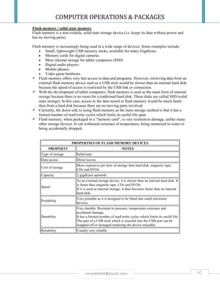 COMPUTER OPERATIONS & PACKAGES
62rmmakaha@gmail.com
Flash memory / solid state memory
Flash memory is a non-volatile, solid state storage device.(i.e. keeps its data without power and
has no moving parts).
Flash memory is increasingly being used in a wide range of devices. Some examples include:
 Small, lightweight USB memory sticks, available for many Gigabytes.
 Memory cards for digital cameras.
 Main internal storage for tablet computers (SSD)
 Digital audio players.
 Mobile phones.
 Video game hardware.
 Flash memory offers very fast access to data and programs. However, retrieving data from an
external flash memory device such as a USB stick would be slower than an internal hard disk
because the speed of access is restricted by the USB link or connection.
 With the development of tablet computers, flash memory is used as the main form of internal
storage because there is no room for a traditional hard disk. These disks are called SSD (solid
state storage). In this case, access to the data stored in flash memory would be much faster
than from a hard disk because there are no moving parts involved.
 Currently, the down side to using flash memory as the main storage method is that it has a
limited number of read/write cycles which limits its useful life span.
 Flash memory, when packaged in a "memory card", is very resilient to damage, unlike many
other storage devices. It can withstand extremes of temperature, being immersed in water or
being accidentally dropped.
PROPERTIES OF FLASH MEMORY DEVICES
PROPERTY NOTES
Type of storage Solid state
Data access Direct access
Cost of storage
More expensive per byte of storage than hard disk, magnetic tape,
CDs and DVDs
Capacity 2 gigabytes upwards.
Speed
As an external storage device, it is slower than an internal hard disk. It
is faster than magnetic tape, CDs and DVDs.
If it is used as internal storage, it then becomes faster than an internal
hard disk.
Portability
Very portable as it is designed to be fitted into small electronic
devices.
Durability
Very durable. Resistant to pressure, temperature extremes and
accidental damage.
It has a limited number of read/write cycles which limits its useful life
The part of a USB stick which is inserted into the USB port can be
snapped off or damaged rendering the device unusable.
Reliability Usually very reliable.
 