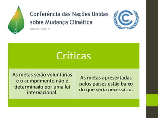 Críticas
As metas serão voluntárias
e o cumprimento não é
determinado por uma lei
internacional.
As metas apresentadas
pelos países estão baixo
do que seria necessário.
 