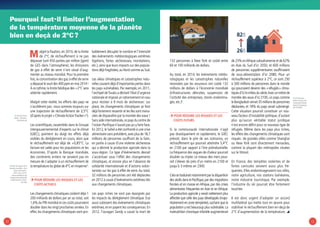 1110
Pourquoi faut-il limiter l’augmentation
de la température moyenne de la planète
bien en deçà de 2°C ?
Malgré la fixation,en 2010,de la limite
de 2°C de réchauffement à ne pas
dépasser (soit 450 parties par million (ppm)
de GES dans l’atmosphère), les émissions
de gaz à effet de serre n’ont cessé d’aug-
menter au niveau mondial. Pour la première
fois,la concentration des gaz à effet de serre
a dépassé le seuil des 400 ppm en mai 2014 !
À ce rythme,la limite fatidique des +2°C sera
atteinte rapidement.
Malgré cette réalité, les efforts des pays ne
s’accélèrent pas : nous sommes toujours sur
une trajectoire de réchauffement de 3,5°C
(d’après le projet « ClimateActionTracker »3
).
Les scientifiques,rassemblés dans le Groupe
intergouvernemental d’experts sur le climat
(GIEC), pointent du doigt les effets déjà
visibles du dérèglement en cours, alors que
le réchauffement est déjà de +0,85°C. La
facture est salée pour les populations et les
économies. D’après la Banque mondiale,
des continents entiers ne seraient pas en
mesure de s’adapter à un réchauffement de
la température du globe de 4°C en moyenne4
.
ÞÞ Pour réduire les risques et les
coûts actuels
Les changements climatiques coûtent déjà 1
200 milliards de dollars par an au total, soit
1,6% du PIB mondial et ces coûts pourraient
doubler dans les vingt prochaines années.En
effet,les changements climatiques vont pro-
bablement décupler le nombre et l’intensité
des évènements météorologiques extrêmes
(typhons, fortes sécheresses, inondations,
etc.),ainsi que leurs impacts sur des popula-
tions déjà fragilisées,au Nord comme au Sud.
Les aléas climatiques et catastrophes natu-
relles causent déjà d’importantes pertes dans
les pays vulnérables. Par exemple, en 2011,
l’archipel deTuvalu a déclaré l’état d’urgence
nationale et imposé un rationnement en eau
pour résister à 9 mois de sècheresse : sur
place, les changements climatiques se font
déjà fortement ressentir et les îles sont mena-
cées de disparaître par la montée des eaux !
Sans aide internationale,ce pays du centre de
l’océan Pacifique n’aurait pas pu y faire face.
En 2012,le Sahel a été confronté à une crise
alimentaire sans précédent,avec plus de 18,7
millions de personnes souffrant de la faim,
en partie à cause d’une violente sécheresse
qui a décimé la production agricole dans la
sous-région. Ce type d’évènements devrait
s’accentuer sous l’effet des changements
climatiques, et encore plus en l’absence de
solidarité internationale et d’actions volon-
taristes sur les gaz à effet de serre.Au total,
32 millions de personnes ont été déplacées
en 2012 à cause d’évènements extrêmes liés
aux changements climatiques.
Les pays riches ne sont pas épargnés par
les impacts du dérèglement climatique. Eux
aussi subissent des évènements climatiques
extrêmes,et en payent les conséquences.En
2012, l’ouragan Sandy a causé la mort de
132 personnes à New York et coûté entre
60 et 100 milliards de dollars.
Au total, en 2014, les évènements météo-
rologiques et les catastrophes naturelles
recensées par les assureurs ont coûté 132
millions de dollars à l’économie mondiale
(infrastructures détruites, suspension de
l’activité des entreprises, stocks endomma-
gés, etc.)5
.
ÞÞ Pour réduire les risques et les
coûts futurs
Si la communauté internationale n’agit
pas drastiquement et rapidement, le GIEC
prévoit, dans le pire de ses scénarios, un
réchauffement qui pourrait atteindre 5,4°C
en 2100 par rapport à l’ère préindustrielle.
La fréquence des vagues de chaleur pourrait
doubler ou tripler. Le niveau des mers pour-
rait s’élever de près d’un mètre en 2100 et
jusqu’à 3 mètres en 2300.
Celasetraduiraitnotammentparladisparition
des atolls dans le Pacifique,par des migrations
forcées et en masse en Afrique, par des crises
alimentaires fréquentes en Asie et en Afrique.
La production agricole y serait nettement plus
affectée que celle des pays développés (majo-
ritairement en zone tempérée),sachant que la
population y est beaucoup plus vulnérable. La
malnutrition chronique infantile augmenterait
de 23% enAfrique subsaharienne et de 62%
en Asie du Sud d’ici 2050, et 600 millions
de personnes supplémentaires souffriraient
de sous-alimentation d’ici 2080. Pour un
réchauffement supérieur à 2°C, ce sont 250
à 500 millions de personnes dans le monde
qui pourraient devenir des « réfugiés » clima-
tiquesd’icilemilieudusiècle.Avecunmètrede
montée des eaux d’ici 2100, un pays comme
leBangladeshverrait35millionsdepersonnes
déplacées, et 18% du pays serait submergé.
Cette situation pourrait constituer un nou-
veau facteur d’instabilité politique, d’autant
plus qu’aucun véritable statut juridique
n’est encore défini pour ce nouveau type de
réfugiés. Même dans les pays plus riches,
les effets des changements climatiques sont
risqués : de grandes villes comme Shanghai
ou New York sont directement menacées,
comme la plupart des métropoles situées
sur le littoral.
En France, des tempêtes violentes et de
fortes canicules seraient aussi plus fré-
quentes. Elles endommageraient nos villes,
notre agriculture, nos stations balnéaires,
notre industrie touristique. Par exemple,
l’industrie du ski pourrait être fortement
touchée.
Il est donc urgent d’adopter un accord
multilatéral qui mette tout en œuvre pour
stabiliser le réchauffement bien en-deçà de
2°C d’augmentation de la température. 
26
82
cmcm
3/ ClimateAction
Tracker : climateac-
tiontracker.org
4/ Série de rapport de la
Banque mondiale, « Turn
Down the Heath »,
2012, 2013, 2014 :
www.worldbank.org/
en/topic/climatechange/
publication/turn-down-
the-heat
© SharidaJackson
5/ 2014Annual
Global Climate and
Catastrophe Report
Impact Forecasting,
Aon Benfield.
 