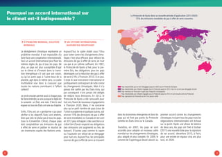 1312
Pourquoi un accord international sur
le climat est-il indispensable ?
ÞÞ À problème mondial, solution
mondiale
Le dérèglement climatique représente un
problème mondial. Il est impossible d’y
faire face sans coopération internationale.
Seul un accord international peut fixer les
mêmes règles du jeu à tous les pays. De
plus, un pays est plus susceptible d’agir
sur le climat et d’investir dans la transi-
tion énergétique s’il sait que son voisin,
ou qu’un autre pays à l’autre bout de la
planète, agit dans le même sens. Le cadre
multilatéral vise donc à s’assurer que
toutes les nations contribuent à l’effort
collectif.
Le cercle onusien permet aussi à chaque pays
de faire entendre sa voix puisque la règle est
la suivante : un État, une voix. C’est le seul
espace où tous les États ont voix au chapitre.
Enfin, l’Onu est un « gendarme » qui peut
vérifier si les objectifs fixés sont atteints,
bien que cela ne plaise pas à tous les pays.
Sous la Convention Climat, chaque pays
doit comptabiliser ses émissions de gaz
à effet de serre et publier le résultat de
ces inventaires auprès des Nations unies.
ÞÞ UN SYSTEME INTERNATIONAL
AUJOURD’HUI INSUFFISANT
Aujourd’hui, le cadre établi sous l’Onu
pour lutter contre les changements clima-
tiques n’est plus efficace pour réduire les
émissions de gaz à effet de serre, en tout
cas pas à un rythme suffisant. En 1997,
le Protocole de Kyoto a fixé, pour la pre-
mière fois, des obligations pour les pays
développés sur la réduction des gaz à effet
de serre (-5% à l’horizon 2012). À ce jour,
il reste le seul instrument international et
juridiquement contraignant de lutte contre
les changements climatiques. Mais il n’a
jamais été ratifié par les États-Unis, qui
par conséquent n’ont jamais été obligés
de réduire leurs émissions. En 2012, le
Protocole de Kyoto a été renouvelé pour
huit ans, fixant de nouveaux engagements
à l’horizon 2020. Mais, il ne concerne
plus qu’un petit nombre de pays (ceux de
l’Union européenne et quelques autres, soit
environ 15% des émissions de gaz à effet
de serre mondiales). Le Canada en est sorti
en 2012 pour échapper à des sanctions car
il était loin d’avoir respecté ses obligations
(ses émissions ont augmenté au lieu de
baisser). D’autres pays comme le Japon
ou l’Australie ont refusé de se réengager
pour huit ans. Aujourd’hui, les principales
sources de gaz à effet de serre se trouvent
dans les économies émergentes et dans les
pays qui ne font pas partie du Protocole
comme les États-Unis ou le Canada.
Toutefois, en 2007, les pays se sont
accordés pour adopter un nouveau cadre
mondial sur les changements climatiques,
plus adapté et plus complet. En 2009, le
sommet de Copenhague devait aboutir au
premier accord contre les changements
climatiques incluant tous les pays mais les
négociations internationales ont échoué
sur ce point. Après une phase de latence
de deux ans, les pays ont fixé à Durban
(2011) une nouvelle date pour la signature
de cet accord : décembre 2015, à Paris,
pour une entrée en vigueur cinq ans plus
tard, en 2020.
Pays industrialisés qui se sont réengagés jusqu’en 2020 sous le Protocole de Kyoto
Pays industrialisés qui s’étaient engagés sous le Protocole jusqu’en 2012 mais ne se sont pas réengagés ensuite
Pays membres du Protocole n’ayant pas d’objectifs contraignants
Pays industrialisés qui s’étaient engagés sous le Protocole jusqu’en 2012 et sont ensuite sortis du Protocole
Pays signataires du Protocole qui ne l’ont jamais ratifié
Le Protocole de Kyoto dans sa nouvelle période d’application (2013-2020) :
15% des émissions mondiales de gaz à effet de serre couvertes
 