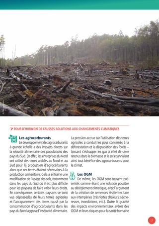 17
ÞÞ Tour d’horizon de fausses solutions aux changements climatiques
Les agrocarburants
Le développement des agrocarburants
à grande échelle a des impacts directs sur
la sécurité alimentaire des populations des
pays du Sud.En effet,les entreprises du Nord
ont utilisé des terres arables au Nord et au
Sud pour la production d’agrocarburants
alors que ces terres étaient nécessaires à la
production alimentaire. Cela a entraîné une
modification de l’usage des sols,notamment
dans les pays du Sud où il est plus difficile
pour les paysans de faire valoir leurs droits.
En conséquence, certains paysans se sont
vus dépossédés de leurs terres agricoles
et l’accaparement des terres causé par la
consommation d’agrocarburants dans les
pays du Nord aggrave l’insécurité alimentaire.
La pression accrue sur l’utilisation des terres
agricoles a conduit les pays concernés à la
déforestation et la dégradation des forêts –
laissant s’échapper les gaz à effet de serre
retenus dans la biomasse et le sol et annulant
ainsi tout bénéfice des agrocarburants pour
le climat.
Les OGM
De même, les OGM sont souvent pré-
sentés comme étant une solution possible
au dérèglement climatique,avec l’argument
de la création de semences résilientes face
aux intempéries (très fortes chaleurs, séche-
resses, inondations, etc.). Outre la gravité
des impacts environnementaux avérés des
OGM et leurs risques pour la santé humaine
© Flickr-crustmania
 