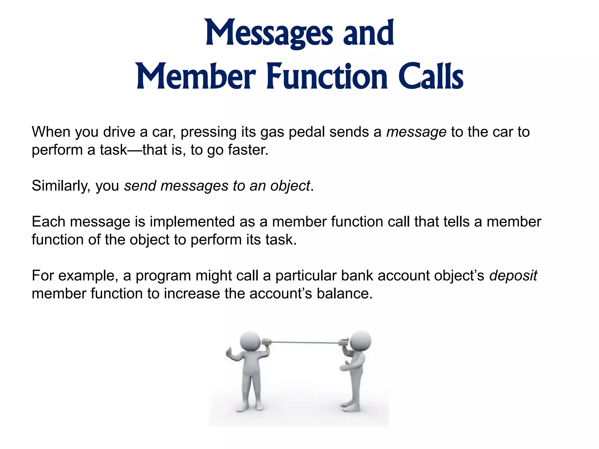 Messages and Member Function Calls When you drive a car, pressing its gas pedal sends a message to the car to perform a task—that is, to go faster. Similarly, you send messages to an object. Each message is implemented as a member function call that tells a member function of the object to perform its task. For example, a program might call a particular bank account object’s deposit member function to increase the account’s balance. 