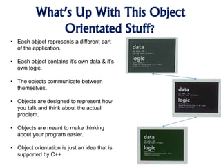 What’s Up With This Object
Orientated Stuff?
• Each object represents a different part
of the application.
• Each object contains it’s own data & it’s
own logic.
• The objects communicate between
themselves.
• Objects are designed to represent how
you talk and think about the actual
problem.
• Objects are meant to make thinking
about your program easier.
• Object orientation is just an idea that is
supported by C++
 