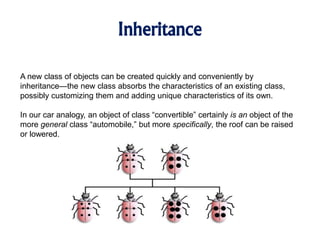 Inheritance
A new class of objects can be created quickly and conveniently by
inheritance—the new class absorbs the characteristics of an existing class,
possibly customizing them and adding unique characteristics of its own.
In our car analogy, an object of class “convertible” certainly is an object of the
more general class “automobile,” but more specifically, the roof can be raised
or lowered.
 