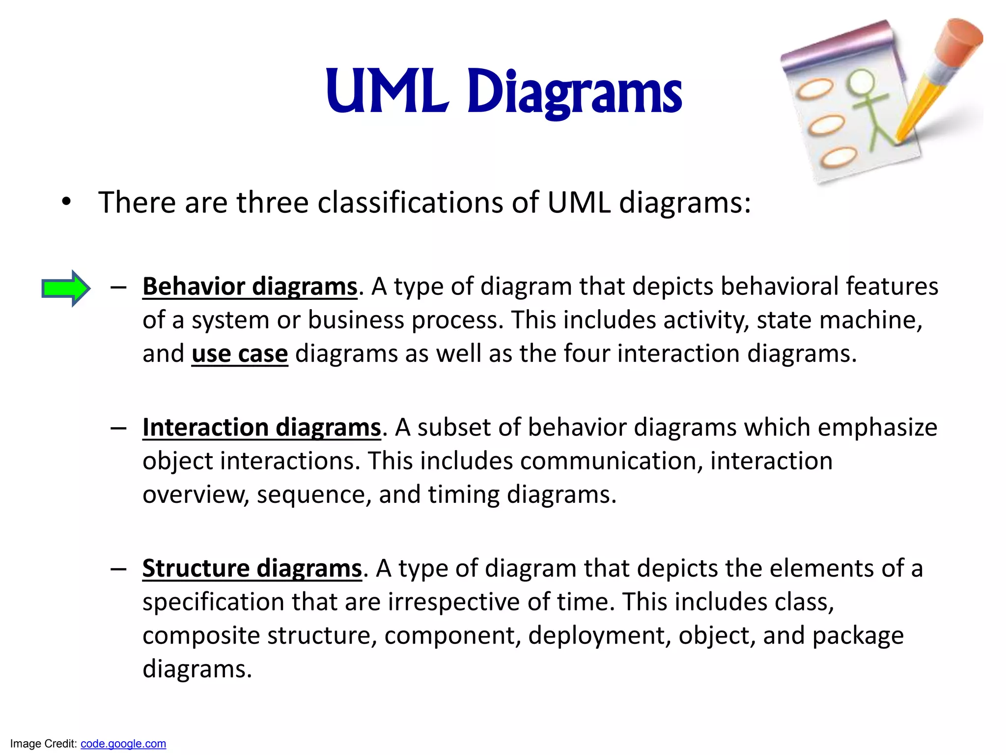 UML Diagrams
• There are three classifications of UML diagrams:
– Behavior diagrams. A type of diagram that depicts behavioral features
of a system or business process. This includes activity, state machine,
and use case diagrams as well as the four interaction diagrams.
– Interaction diagrams. A subset of behavior diagrams which emphasize
object interactions. This includes communication, interaction
overview, sequence, and timing diagrams.
– Structure diagrams. A type of diagram that depicts the elements of a
specification that are irrespective of time. This includes class,
composite structure, component, deployment, object, and package
diagrams.
Image Credit: code.google.com
 