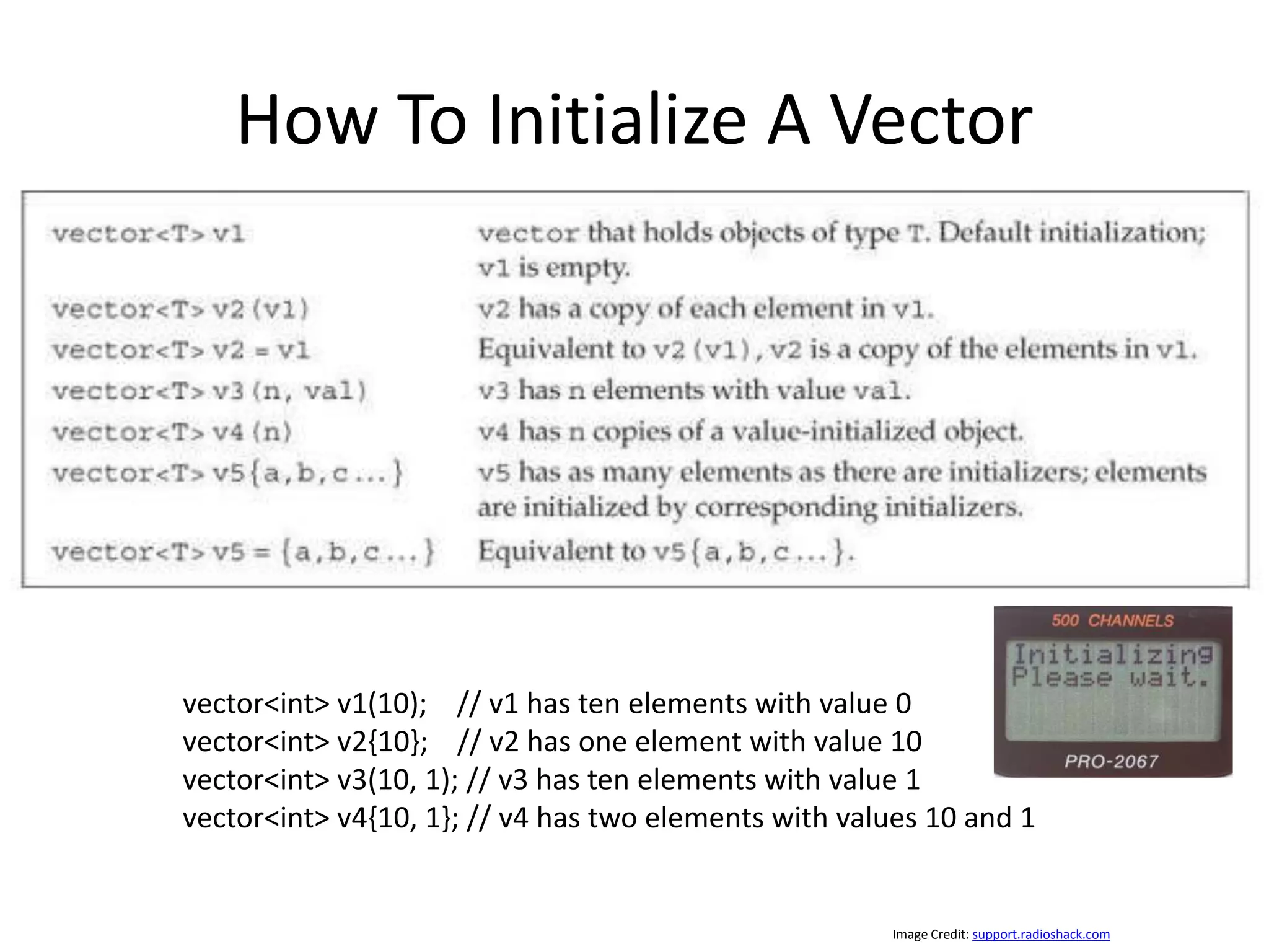 How To Initialize A Vector vector<int> v1(10); // v1 has ten elements with value 0 vector<int> v2{10}; // v2 has one element with value 10 vector<int> v3(10, 1); // v3 has ten elements with value 1 vector<int> v4{10, 1}; // v4 has two elements with values 10 and 1 Image Credit: support.radioshack.com 
