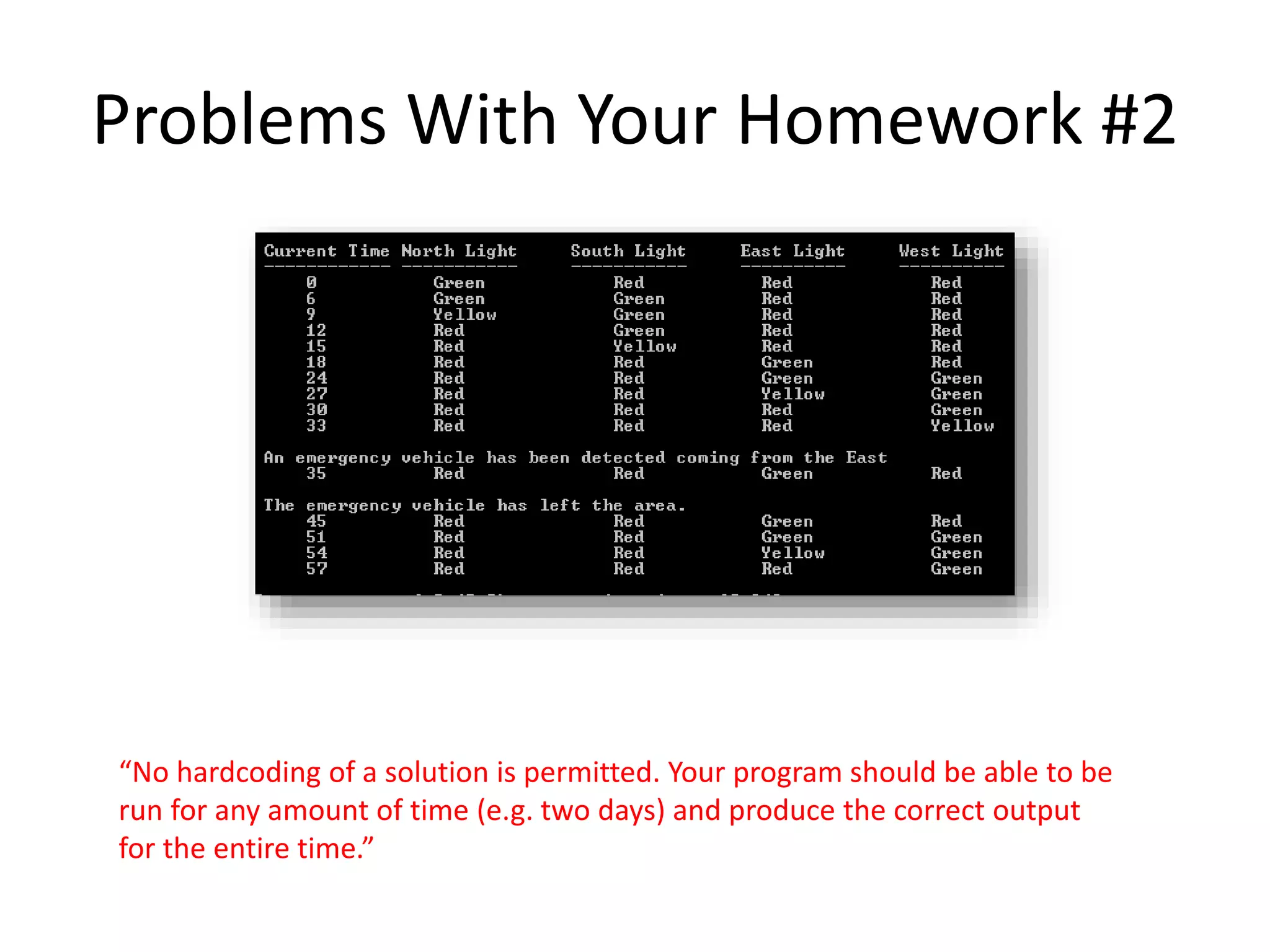 Problems With Your Homework #2 “No hardcoding of a solution is permitted. Your program should be able to be run for any amount of time (e.g. two days) and produce the correct output for the entire time.” 