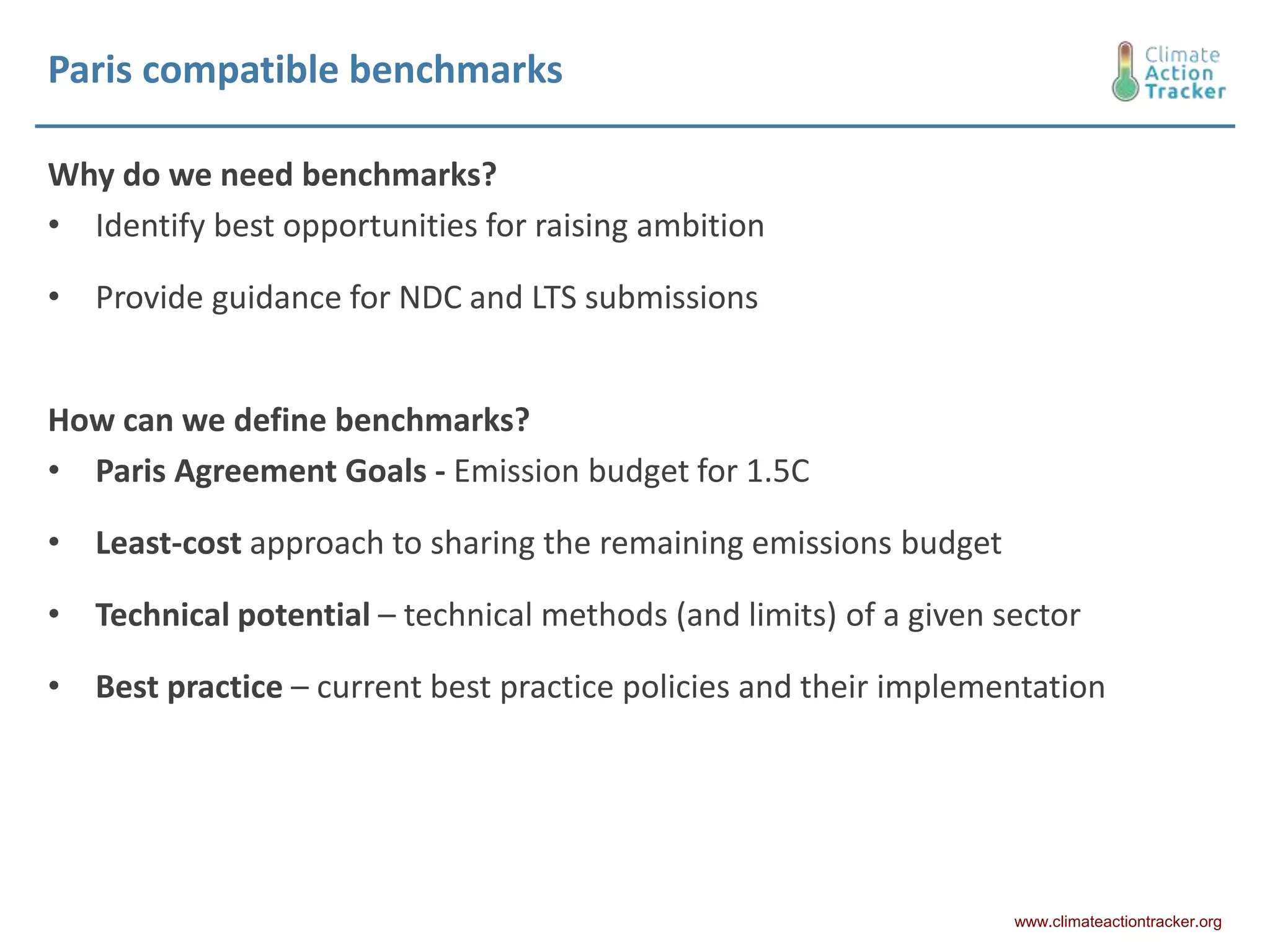 Paris compatible benchmarks
Why do we need benchmarks?
• Identify best opportunities for raising ambition
• Provide guidance for NDC and LTS submissions
How can we define benchmarks?
• Paris Agreement Goals - Emission budget for 1.5C
• Least-cost approach to sharing the remaining emissions budget
• Technical potential – technical methods (and limits) of a given sector
• Best practice – current best practice policies and their implementation
www.climateactiontracker.org
 