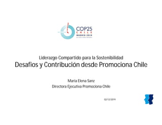 Liderazgo Compartido para la Sostenibilidad
Desafios y Contribución desde Promociona Chile
Maria Elena Sanz
Directora Ejecutiva Promociona Chile
02/12/2019
 