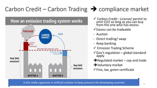 Carbon Credit – Carbon Trading ➔ compliance market
✓ Carbon Credit : License/ permit to
emit CO2 so long as you can buy
from the one who has excess
✓Excess can be tradeable
- Auction
- Direct trading/ swap
- Keep banking
✓ Emission Trading Scheme
✓Gov’t regulation – global standard
apply
➔Regulated market – cap and trade
➔Voluntary market
✓Fine, tax, green certificate
Nov-21 10
Is this really a genuine or artificial solution to keep pressure the developing countries
 