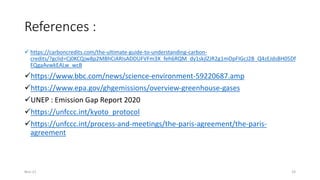 References :
✓ https://carboncredits.com/the-ultimate-guide-to-understanding-carbon-
credits/?gclid=Cj0KCQjw8p2MBhCiARIsADDUFVFm3X_feh6RQM_dy1skjlZJR2g1mOpFIGcJ2B_Q4zEJdsBH05Df
FQgaAvwkEALw_wcB
✓https://www.bbc.com/news/science-environment-59220687.amp
✓https://www.epa.gov/ghgemissions/overview-greenhouse-gases
✓UNEP : Emission Gap Report 2020
✓https://unfccc.int/kyoto_protocol
✓https://unfccc.int/process-and-meetings/the-paris-agreement/the-paris-
agreement
Nov-21 23
 
