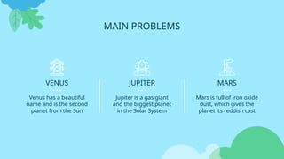 MAIN PROBLEMS
VENUS
Venus has a beautiful
name and is the second
planet from the Sun
JUPITER
Jupiter is a gas giant
and the biggest planet
in the Solar System
MARS
Mars is full of iron oxide
dust, which gives the
planet its reddish cast
 