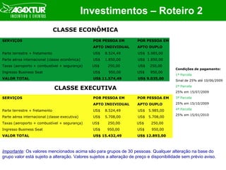 Investimentos – Roteiro 2 CLASSE ECONÔMICA CLASSE EXECUTIVA Importante : Os valores mencionados acima são para grupos de 30 pessoas. Qualquer alteração na base do grupo valor está sujeito a alteração. Valores sujeitos a alteração de preço e disponibilidade sem prévio aviso.  Condições de pagamento: 1ª Parcela  Sinal de 25% até 10/06/2009 2ª Parcela  25% em 15/07/2009  3ª Parcela 25% em 15/10/2009  4ª Parcela  25% em 15/01/2010 SERVIÇOS POR PESSOA EM  POR PESSOA EM APTO INDIVIDUAL APTO DUPLO Parte terrestre + fretamento US$  8.524,49 US$  5.985,00 Parte aérea internacional (classe econômica) US$  1.850,00 US$  1.850,00 Taxas (aeroporto + combustível + segurança)  US$  250,00  US$  250,00 Ingresso Business Seat US$  950,00 US$  950,00 VALOR TOTAL US$ 11.574,49 US$ 9.035,00 SERVIÇOS POR PESSOA EM  POR PESSOA EM APTO INDIVIDUAL APTO DUPLO Parte terrestre + fretamento US$  8.524,49 US$  5.985,00 Parte aérea internacional (classe executiva) US$  5.708,00 US$  5.708,00 Taxas (aeroporto + combustível + segurança)  US$  250,00  US$  250,00 Ingresso Business Seat US$  950,00 US$  950,00 VALOR TOTAL US$ 15.432,49 US$ 12.893,00 