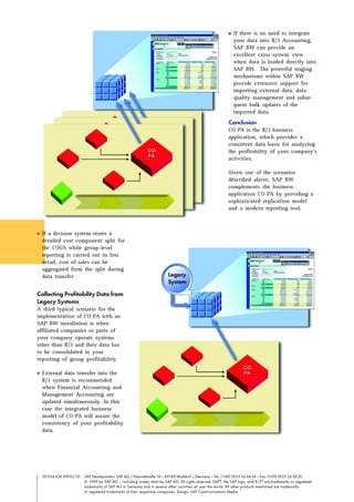 50 034 426 (9910/13) SAP Headquarters: SAP AG • Neurottstraße 16 • 69189 Walldorf • Germany • Tel.: (+49)1805343424 • Fax: (+49)1805343420
© 1999 by SAP AG – including screen shots by SAP AG. All rights reserved. SAP®
, the SAP logo, and R/3®
are trademarks or registered
trademarks of SAP AG in Germany and in several other countries all over the world. All other products mentioned are trademarks
or registered trademarks of their respective companies. Design: SAP Communications Media
s If there is no need to integrate
your data into R/3 Accounting,
SAP BW can provide an
excellent cross-system view
when data is loaded directly into
SAP BW. The powerful staging
mechanisms within SAP BW
provide extensive support for
importing external data, data
quality management and subse-
quent bulk updates of the
imported data.
Conclusion
CO-PA is the R/3 business
application, which provides a
consistent data basis for analyzing
the profitability of your company’s
activities.
Given one of the scenarios
described above, SAP BW
complements the business
application CO-PA by providing a
sophisticated replication model
and a modern reporting tool.
s If a division system stores a
detailed cost component split for
the COGS while group-level
reporting is carried out in less
detail, cost of sales can be
aggregated from the split during
data transfer.
Collecting Profitability Data from
Legacy Systems
A third typical scenario for the
implementation of CO-PA with an
SAP BW installation is when
affiliated companies or parts of
your company operate systems
other than R/3 and their data has
to be consolidated in your
reporting of group profitability.
s External data transfer into the
R/3 system is recommended
when Financial Accounting and
Management Accounting are
updated simultaneously. In this
case the integrated business
model of CO-PA will assure the
consistency of your profitability
data.
 