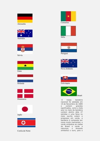 Alemanha
Austrália
Sérvia
Gana
Holanda
Dinamarca
Japão
Coréia do Norte
Camarões
Itália
Paraguai
Nova Zelândia
Eslováquia
Brasil
A nossa bandeira
nacional foi adotada em
19 de Novembro de 1889
e contem grandes
significados, como a bola
azul no meio da bandeira
contem dentro dela 27
estrelas e uma faixa no
meio escrito ordem e
progresso em verde, a
bandeira é composta por
cores muito marcantes, o
verde simboliza as matas
do Brasil o verde a
natureza, o Amarelo
simboliza o ouro, pois o
 