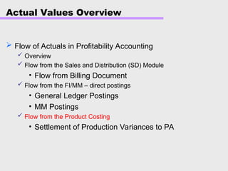 Actual Values Overview
 Flow of Actuals in Profitability Accounting
 Overview
 Flow from the Sales and Distribution (SD) Module
• Flow from Billing Document
 Flow from the FI/MM – direct postings
• General Ledger Postings
• MM Postings
 Flow from the Product Costing
• Settlement of Production Variances to PA
 