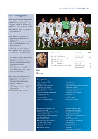 113FIFA Confederations Cup South Africa 2009
Outstanding players
• 1 HOWARD Tim: experienced goalkeeper
with excellent reflexes on the goal line
• 5 ONYEWU Oguchi: competitive central
defender, strong in the air, good vision
• 8 DEMPSEY Clint: hard-working, energetic
attacking midfielder
• 10 DONOVAN Landon: fast, agile striker
with good technique
• 1 HOWARD Tim : gardien de but
expérimenté ; excellents réflexes sur
la ligne de but
• 5 ONYEWU Oguchi : défenseur central
bon dans les duels aériens et au sol ;
bonne lecture du jeu
• 8 DEMPSEY Clint : milieu de terrain
offensif très actif ; bonne endurance
• 10 DONOVAN Landon : attaquant vif
et rapide ; bonne technique de dribble
• 1 HOWARD Tim: portero experimentado
de excelentes reflejos en la meta
• 5 ONYEWU Oguchi: defensa central de
excelente cabeceo y manejo de duelos,
dotado de visión de juego
• 8 DEMPSEY Clint: centrocampista ofensivo
muy trabajador, de gran carrera
• 10 DONOVAN Landon: veloz y versátil
atacante, buena técnica
• 1 HOWARD Tim: erfahrener Torhüter
mit exzellenten Reflexen auf der Linie
• 5 ONYEWU Oguchi: kopfball- und
zweikampfstarker lnnenverteidiger
mit guter Spielübersicht
• 8 DEMPSEY Clint: offensiver Mittelfeld-
spieler mit grossem Einsatz und grosser
Laufbereitschaft
• 10 DONOVAN Landon: schneller,
wendiger Angreifer mit starker Technik
• Esquema táctico general: 4-4-2
• Defensa compacta
• Solistas capaces de definir un partido
(Dempsey y Donovan)
• Impresionante capacidad de carrera
de algunos jugadores
• Gran determinación
• Buen engranaje entre las líneas
• Línea defensiva rezagada
• Presión de la línea media
• Contraataque
• Ataques por el centro
• Basic formation: 4-4-2
• Compact defence
• Influential individual players
(Dempsey and Donovan)
• Strong, hard-working players
• Determination
• Good links between the team lines
• Deep defensive block
• Midfield pressing
• Counter-attacks
• Attacks through the middle
• Generelles Spielsystem: 4-4-2
• Kompaktes Defensivverhalten
• Spielbestimmende Einzelkönner
(Dempsey und Donovan)
• Grosse Lauf- und Einsatzbereitschaft
der Spieler
• Grosse Entschlossenheit
• Gute Abstimmung zwischen den
Mannschaftsteilen
• Tief stehende Abwehr
• Mittelfeldpressing
• Konterspiel
• Angriffsspiel durch die Mitte
• Système de jeu : 4-4-2
• Défense compacte
• Individualités capables de faire la différence
(Dempsey et Donovan)
• Joueurs endurants et volontaires
• Grande détermination
• Bonne entente entre les lignes
• Bloc défensif bas
• Pressing au milieu
• Bon jeu en contre
• Bonnes attaques axiales
Key points
Bob
Bradley
USA
3 March 1958
Career as a coach
1981-1982 Ohio University
1984-1995 Princeton University
1998-2002 Chicago Fire
2003-2005 MetroStars
2006 Chivas USA
since 2006 National “A” team coach
Average age 25/04
Number of players
playing abroad 20
Disciplinary record
Yellow cards 7
Red cards (indirect) 0
Red cards (direct) 3
 