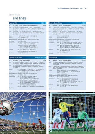 83FIFA Confederations Cup South Africa 2009
Semi-ﬁnals
and ﬁnals
14 25.6.2009 20:30 JOHANNESBURG 48,049
BRA: 1 JULIO CESAR; 2 MAICON, 3 LUCIO (C), 5 FELIPE MELO, 8 GILBERTO
SILVA, 9 LUIS FABIANO, 10 KAKA, 11 ROBINHO, 14 LUISAO, 16 ANDRE
SANTOS, 18 RAMIRES
RSA: 16 KHUNE; 2 GAXA, 3 MASILELA, 4 MOKOENA (C), 5 MHLONGO,
8 TSHABALALA, 10 PIENAAR, 12 MODISE, 13 DIKGACOI, 14 BOOTH,
17 PARKER
Scorers: 1-0 88‘ DANIEL ALVES (13)
Referee: Massimo BUSACCA (SUI)
Assistant Referees: Matthias ARNET (SUI), Francesco BURAGINA (SUI)
4th Ofﬁcial: Benito ARCHUNDIA (MEX)
Substitutions: BRA: 82‘ out ANDRE SANTOS (16), in DANIEL ALVES (13)
90‘+2 out LUIS FABIANO (9), in KLEBERSON (20)
RSA: 90‘+1 out TSHABALALA (8), in MPHELA (9)
90‘+1 out MODISE (12), in MASHEGO (21)
90‘+3 out PIENAAR (10), in VAN HEERDEN (11)
Cautions: BRA: 31‘ FELIPE MELO (5), 61‘ ANDRE SANTOS (16),
88‘ DANIEL ALVES (13)
RSA: 45‘ MASILELA (3)
Expulsions: –
Brazil v. South Africa 1-0 (0-0)
13 24.6.2009 20:30 MANGAUNG/BLOEMFONTEIN 35,369
ESP: 1 CASILLAS (C); 3 PIQUE, 5 PUYOL, 7 VILLA, 8 XAVI, 9 TORRES,
10 FABREGAS, 11 CAPDEVILA, 14 XABI ALONSO, 15 SERGIO RAMOS,
18 RIERA
USA: 1 HOWARD; 3 BOCANEGRA, 5 ONYEWU, 8 DEMPSEY, 9 DAVIES,
10 DONOVAN (C), 12 BRADLEY, 13 CLARK, 15 DeMERIT, 17 ALTIDORE,
21 SPECTOR
Scorers: 0-1 27‘ ALTIDORE (17), 0-2 74‘ DEMPSEY (8)
Referee: Jorge LARRIONDA (URU)
Assistant Referees: Pablo FANDINO (URU), Mauricio ESPINOSA (URU)
4th Ofﬁcial: Cofﬁ CODJIA (BEN)
Substitutions: ESP: 68‘ out FABREGAS (10), in CAZORLA (20)
78’ out RIERA (18), in MATA (22)
USA: 69‘ out DAVIES (9), in FEILHABER (22)
83‘ out ALTIDORE (17), in CASEY (4)
88‘ out DEMPSEY (8), in BORNSTEIN (2)
Cautions: ESP: 36‘ CAPDEVILA (11), 89‘ PIQUE (3)
USA: 5‘ DONOVAN (10), 28‘ ALTIDORE (17)
Expulsions: USA: 87‘ BRADLEY (12)
Spain v. USA 0-2 (0-1)
16 28.6.2009 20:30 JOHANNESBURG 52,291
USA: 1 HOWARD; 3 BOCANEGRA (C), 5 ONYEWU, 8 DEMPSEY, 9 DAVIES,
10 DONOVAN, 13 CLARK, 15 DeMERIT, 17 ALTIDORE, 21 SPECTOR,
22 FEILHABER
BRA: 1 JULIO CESAR; 2 MAICON, 3 LUCIO (C), 5 FELIPE MELO, 8 GILBERTO
SILVA, 9 LUIS FABIANO, 10 KAKA, 11 ROBINHO, 14 LUISAO, 16 ANDRE
SANTOS, 18 RAMIRES
Scorers: 1-0 10‘ DEMPSEY (8), 2-0 27‘ DONOVAN (10),
2-1 46‘ LUIS FABIANO (9), 2-2 74‘ LUIS FABIANO (9),
2-3 84‘ LUCIO (3)
Referee: Martin HANSSON (SWE)
Assistant Referees: Henrik ANDREN (SWE), Fredrik NILSSON (SWE)
4th Ofﬁcial: Benito ARCHUNDIA (MEX)
Substitutions: USA: 75‘ out ALTIDORE (17), in BORNSTEIN (2),
75‘ out FEILHABER (22), in KLJESTAN (16)
88‘ out CLARK (13), in CASEY (4)
BRA: 66‘ out ANDRE SANTOS (16), in DANIEL ALVES (13),
67‘ out RAMIRES (18), in ELANO (7)
Cautions: USA: 19‘ BOCANEGRA (3)
BRA: 25‘ FELIPE MELO (5), 36‘ ANDRE SANTOS,
70‘ LUCIO (3)
Expulsions: –
USA v. Brazil 2-3 (2-0)
15 28.6.2009 15:00 RUSTENBURG 31,788
ESP: 1 CASILLAS (C); 2 ALBIOL, 3 PIQUE, 7 VILLA, 9 TORRES, 11 CAPDEVILA,
12 BUSQUETS, 14 XABI ALONSO, 18 RIERA, 19 ARBELOA, 20 CAZORLA
RSA: 16 KHUNE; 2 GAXA, 3 MASILELA, 4 MOKOENA (C), 6 SIBAYA,
8 TSHABALALA, 10 PIENAAR, 12 MODISE, 13 DIKGACOI, 14 BOOTH,
17 PARKER
Scorers: 0-1 73‘ MPHELA (9), 1-1 88‘ GUIZA (17), 2-1 89‘ GUIZA (17),
2-2 90‘+3 MPHELA (9), 3-2 107‘ XABI ALONSO (14)
Referee: Matthew BREEZE (AUS)
Assistant Referees: Matthew CREAM (AUS), Ben WILSON (AUS)
4th Ofﬁcial: Cofﬁ CODJIA (BEN)
Substitutions: ESP: 57‘ out VILLA (7), in DAVID SILVA (21),
57‘ out TORRES (9), in GUIZA (17)
81‘ out BUSQUETS (12), in LLORENTE (16)
RSA: 64‘ out PIENAAR (10), in MPHELA (9)
69‘ out MODISE (12), in VAN HEERDEN (11)
84‘ out TSHABALALA (8), in MHLONGO (5)
Cautions: ESP: 39‘ BUSQUETS (12), 77‘ PIQUE (3),
84‘ ALBIOL (2), 115‘ LLORENTE (16)
RSA: 47‘ PIENAAR (10), 77‘ MPHELA (9), 108‘ MASILELA (3)
Expulsions: –
Spain v. South Africa 3-2 a.e.t. (2-2, 0-0)
 