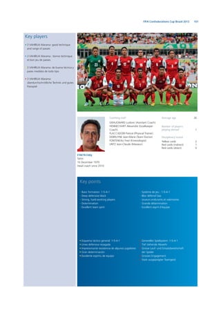101FIFA Confederations Cup Brazil 2013
Key players
• 3 VAHIRUA Marama: good technique
and range of passes
• 3 VAHIRUA Marama : bonne technique
et bon jeu de passes
• 3 VAHIRUA Marama: de buena técnica y
pases medidos de todo tipo
• 3 VAHIRUA Marama:
überdurchschnittliche Technik und gutes
Passspiel
Average age 26
Number of players
playing abroad 1
Disciplinary record
Yellow cards 2
Red cards (indirect) 1
Red cards (direct) 0
Key points
• Esquema táctico general: 1-5-4-1
• Línea defensiva rezagada
• Impresionante resistencia de algunos jugadores
• Gran determinación
• Excelente espíritu de equipo
• Basic formation: 1-5-4-1
• Deep defensive block
• Strong, hard-working players
• Determination
• Excellent team spirit
• Generelles Spielsystem: 1-5-4-1
• Tief stehende Abwehr
• Grosse Lauf- und Einsatzbereitschaft
der Spieler
• Grosses Engagement
• Stark ausgeprägter Teamgeist
• Système de jeu : 1-5-4-1
• Bloc défensif bas
• Joueurs endurants et volontaires
• Grande détermination
• Excellent esprit d’équipe
Coaching staff
GRAUGNARD Ludovic (Assistant Coach)
HENNECHART Alexandre (Goalkeeper
Coach)
FLACCADORI Patrice (Physical Trainer)
DEBRUYNE Jean-Marie (Team Doctor)
FONTENEAU Fred (Kinesiologist)
LINTZ Jean-Claude (Masseur)
ETAETA Eddy
Tahiti
16 December 1970
Head coach since 2010
 