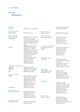 104
The FIFA
delegation
FIFA President
President BLATTER Joseph S., Switzerland
FIFA Secretary General
Secretary General VALCKE Jérôme, FIFA
Executive Committee
Senior Vice-President GRONDONA Julio H., Argentina
Vice-Presidents HAYATOU Issa, Cameroon
VILLAR LLONA Ángel María, Spain
CHUNG David, Papua New Guinea
HRH Prince Ali BIN AL HUSSEIN,
Jordan
WEBB Jeffrey, Cayman Islands
Members D’HOOGHE Michel, Belgium
MAKUDI Worawi, Thailand
ANOUMA Jacques, Côte d’Ivoire
SALGUERO Rafael, Guatemala
RAOURAOUA Mohamed, Algeria
DEL NERO Marco Polo, Brazil
GULATI Sunil, USA
FIGUEREDO Eugenio, Uruguay
AL KHALIFA Salman Bin
Ebrahim Shk., Bahrain
ZHANG Jilong, China
NSEKERA Lydia, Burundi
Confederation General Secretaries
CONCACAF SANZ Enrique, Colombia
CONMEBOL MEISZNER José Luis, Argentina
OFC NICHOLAS Tai, New Zealand
UEFA INFANTINO Gianni, Italy
Organising Committee
Members AL MEDLEJ Hafez, Saudi Arabia
BAUZA Sebastián, Uruguay
DUBE Cuthbert, Zimbabwe
ENGANDZAS Placide, Gabon
JEAN BART Yves, Haiti
LABRADOR Eric, Puerto Rico
MORAN Bill, New Zealand
ŠUKER Davor, Croatia
Special adviser MARIN Jose Maria, Brazil
Referees’ Committee
FIFA Committee Members MIKKELSEN Peter, Denmark
LACARNE Belaid, Algeria
ROMO Jorge, Argentina
BATRES Carlos, Guatemala
TRENTALANGE Alfredo, Italy
Disciplinary Committee
Committee Members OMARI Constant, Democratic
Republic of Congo
SULSER Claudio, Switzerland
LIM Kia Tong, Singapore
Appeal Committee
Appeal Committee MITJANS Fernando, Argentina
General Coordinators
FIFA General Coordinators BAFFOE Anthony, Ghana
BOYS Michael, Chile
JOHN Windsor, Malaysia
PUCCI Stefano, Italy
WANGEL Lennart, Finland
Assistant General Coordinators
FIFA General Coordinator ENGELBRECHT Gregory, FIFA
Assistants NASSAR Khaled, Egypt
STIEGLER Christian, FIFA
STRELTSOV Edgar, FIFA
YARZA Jaime, FIFA
VOGT Oliver, FIFA
Technical Study Group
TSG Members HOULLIER Gérard, France
HUSSEIN Abdel Moneim, Sudan
CAFU, Brazil
KWOK Ka Ming, Hong Kong
HIERRO Fernando, Spain
RODRÍGUEZ Jaime, El Salvador
Medical Ofﬁcers
FIFA Chief Medical Ofﬁcer DVOŘÁK Jiří, FIFA
FIFA Medical Ofﬁcers MADERO Raúl, Argentina
SINGH Gurcharan, Malaysia
MANDELBAUM Bert, USA
PALAVICINI Carlos, Costa Rica
KRAMER Efraim, South Africa
Media Ofﬁcers
DICKENS Les, Ecuador
CHAOUACHI Mondher, Tunisia
KUKAWKA Christophe, France
FRANCIOLI André, Switzerland
PEARCE Jayne, England
WERZ Andreas, Switzerland
CHENAULT Bryan, USA
BAPTISTA Jorge, Portugal
Security Ofﬁcers
FIFA Security Ofﬁcers SABIR David, Bermuda
BECKLES Patrick, Barbados
LARDI Pierino, Switzerland
KUCHENBECKER Michael, Germany
ARIAS Claudio, Chile
FIFA delegation
 