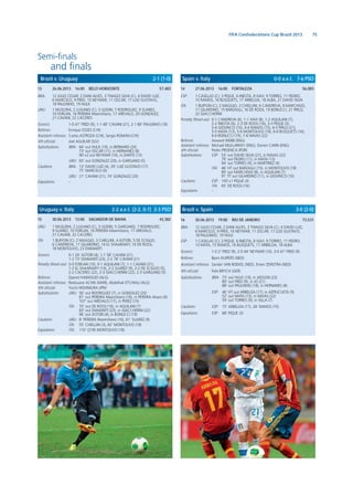 75FIFA Confederations Cup Brazil 2013
Semi-ﬁnals
and ﬁnals
14 27.06.2013 16:00 FORTALEZA 56,083
ESP: 1 CASILLAS (C); 3 PIQUE, 6 INIESTA, 8 XAVI, 9 TORRES, 11 PEDRO,
15 RAMOS, 16 BUSQUETS, 17 ARBELOA, 18 ALBA, 21 DAVID SILVA
ITA: 1 BUFFON (C); 2 MAGGIO, 3 CHIELLINI, 6 CANDREVA, 8 MARCHISIO,
11 GILARDINO, 15 BARZAGLI, 16 DE ROSSI, 19 BONUCCI, 21 PIRLO,
22 GIACCHERINI
Penalty Shoot-out: 0-1 CANDREVA (6), 1-1 XAVI (8), 1-2 AQUILANI (7),
2-2 INIESTA (6), 2-3 DE ROSSI (16), 3-3 PIQUE (3),
3-4 GIOVINCO (10), 4-4 RAMOS (15), 4-5 PIRLO (21),
5-5 MATA (13), 5-6 MONTOLIVO (18), 6-6 BUSQUETS (16),
6-6 BONUCCI (19), 7-6 NAVAS (22)
Referee: Howard WEBB (ENG)
Assistant referees: Michael MULLARKEY (ENG), Darren CANN (ENG)
4th ofﬁcial: Pedro PROENCA (POR)
Substitutions: ESP: 53’ out DAVID SILVA (21), in NAVAS (22)
79’ out PEDRO (11), in MATA (13)
94’ out TORRES (9), in MARTINEZ (4)
ITA: 46’ HT out BARZAGLI (15), in MONTOLIVO (18)
80’ out MARCHISIO (8), in AQUILANI (7)
91’ FT out GILARDINO (11), in GIOVINCO (10)
Cautions: ESP: 105’+1 PIQUE (3)
ITA: 65’ DE ROSSI (16)
Expulsions: –
Spain v. Italy 0-0 a.e.t. 7-6 PSO
13 26.06.2013 16:00 BELO HORIZONTE 57,483
BRA: 12 JULIO CESAR; 2 DANI ALVES, 3 THIAGO SILVA (C), 4 DAVID LUIZ,
6 MARCELO, 9 FRED, 10 NEYMAR, 11 OSCAR, 17 LUIZ GUSTAVO,
18 PAULINHO, 19 HULK
URU: 1 MUSLERA; 2 LUGANO (C), 3 GODIN, 7 RODRIGUEZ, 9 SUAREZ,
10 FORLAN, 16 PEREIRA Maximiliano, 17 AREVALO, 20 GONZALEZ,
21 CAVANI, 22 CACERES
Scorers: 1-0 41’ FRED (9), 1-1 48’ CAVANI (21), 2-1 86’ PAULINHO (18)
Referee: Enrique OSSES (CHI)
Assistant referees: Carlos ASTROZA (CHI), Sergio ROMAN (CHI)
4th ofﬁcial: Joel AGUILAR (SLV)
Substitutions: BRA: 64’ out HULK (19), in BERNARD (20)
73’ out OSCAR (11), in HERNANES (8)
90’+2 out NEYMAR (10), in DANTE (13)
URU: 83’ out GONZALEZ (20), in GARGANO (5)
Cautions: BRA: 13’ DAVID LUIZ (4), 39’ LUIZ GUSTAVO (17)
75’ MARCELO (6)
URU: 21’ CAVANI (21), 74’ GONZALEZ (20)
Expulsions: –
Brazil v. Uruguay 2-1 (1-0)
16 30.06.2013 19:00 RIO DE JANEIRO 73,531
BRA: 12 JULIO CESAR; 2 DANI ALVES, 3 THIAGO SILVA (C), 4 DAVID LUIZ,
6 MARCELO, 9 FRED, 10 NEYMAR, 11 OSCAR, 17 LUIZ GUSTAVO,
18 PAULINHO, 19 HULK
ESP: 1 CASILLAS (C); 3 PIQUE, 6 INIESTA, 8 XAVI, 9 TORRES, 11 PEDRO,
13 MATA, 15 RAMOS, 16 BUSQUETS, 17 ARBELOA, 18 ALBA
Scorers: 1-0 2’ FRED (9), 2-0 44’ NEYMAR (10), 3-0 47’ FRED (9)
Referee: Bjorn KUIPERS (NED)
Assistant referees: Sander VAN ROEKEL (NED), Erwin ZEINSTRA (NED)
4th ofﬁcial: Felix BRYCH (GER)
Substitutions: BRA: 73’ out HULK (19), in JADSON (23)
80’ out FRED (9), in JO (21)
88’ out PAULINHO (18), in HERNANES (8)
ESP: 46’ HT out ARBELOA (17), in AZPILICUETA (5)
52’ out MATA (13), in NAVAS (22)
59’ out TORRES (9), in VILLA (7)
Cautions: ESP: 15’ ARBELOA (17), 28’ RAMOS (15)
Expulsions: ESP: 68’ PIQUE (3)
Brazil v. Spain 3-0 (2-0)
15 30.06.2013 13:00 SALVADOR DE BAHIA 43,382
URU: 1 MUSLERA; 2 LUGANO (C), 3 GODIN, 5 GARGANO, 7 RODRIGUEZ,
9 SUAREZ, 10 FORLAN, 16 PEREIRA Maximiliano, 17 AREVALO,
21 CAVANI, 22 CACERES
ITA: 1 BUFFON (C); 2 MAGGIO, 3 CHIELLINI, 4 ASTORI, 5 DE SCIGLIO,
6 CANDREVA, 11 GILARDINO, 14 EL SHAARAWY, 16 DE ROSSI,
18 MONTOLIVO, 23 DIAMANTI
Scorers: 0-1 24’ ASTORI (4), 1-1 58’ CAVANI (21),
1-2 73’ DIAMANTI (23), 2-2 78’ CAVANI (21)
Penalty Shoot-out: 0-0 FORLAN (10), 0-1 AQUILANI (7), 1-1 CAVANI (21),
1-2 EL SHAARAWY (14), 2-2 SUAREZ (9), 2-2 DE SCIGLIO (5),
2-2 CACERES (22), 2-3 GIACCHERINI (22), 2-3 GARGANO (5)
Referee: Djamel HAIMOUDI (ALG)
Assistant referees: Redouane ACHIK (MAR), Abdelhak ETCHIALI (ALG)
4th ofﬁcial: Yuichi NISHIMURA (JPN)
Substitutions: URU: 56’ out RODRIGUEZ (7), in GONZALEZ (20)
81’ out PEREIRA Maximiliano (16), in PEREIRA Alvaro (6)
107’ out AREVALO (17), in PEREZ (15)
ITA: 70’ out DE ROSSI (16), in AQUILANI (7)
83’ out DIAMANTI (23), in GIACCHERINI (22)
96’ out ASTORI (4), in BONUCCI (19)
Cautions: URU: 8’ PEREIRA Maximiliano (16), 61’ SUAREZ (9)
ITA: 55’ CHIELLINI (3), 82’ MONTOLIVO (18)
Expulsions: ITA: 110’ (2YR) MONTOLIVO (18)
Uruguay v. Italy 2-2 a.e.t. (2-2, 0-1) 2-3 PSO
 