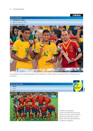 76 Ofﬁcial FIFA awards
adidas Golden Ball
1. NEYMAR (10, BRA)
2. INIESTA Andrés (6, ESP)
3. PAULINHO (18, BRA)
This award goes to the outstanding player of the competition, as voted for by the media at the FIFA Confederations Cup
Brazil 2013.
The FIFA Fair Play Trophy
is given by the FIFA Technical Study
Group to the team with the best fair
play record, according to a points
system and criteria speciﬁed by the
competition regulations.
FIFA Fair Play Trophy
1. Spain
2. Brazil
3. Italy
 
