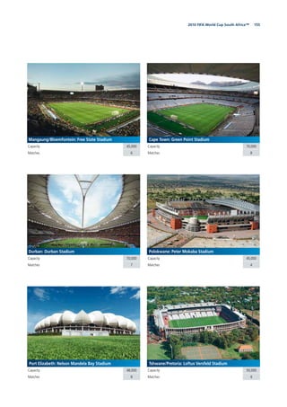 1552010 FIFA World Cup South Africa™
Mangaung/Bloemfontein: Free State Stadium
Capacity 45,000
Matches 6
Cape Town: Green Point Stadium
Capacity 70,000
Matches 8
Durban: Durban Stadium
Capacity 70,000
Matches 7
Polokwane: Peter Mokaba Stadium
Capacity 45,000
Matches 4
Port Elizabeth: Nelson Mandela Bay Stadium
Capacity 48,000
Matches 8
Tshwane/Pretoria: Loftus Versfeld Stadium
Capacity 50,000
Matches 6
 