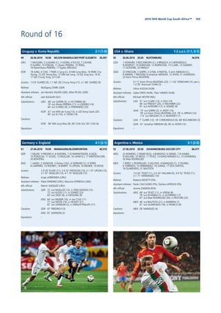 1652010 FIFA World Cup South Africa™
Round of 16
49 26.06.2010 16:00 NELSON MANDELA BAY/PORT ELIZABETH 30,597
URU: 1 MUSLERA; 2 LUGANO (C), 3 GODIN, 4 FUCILE, 7 CAVANI,
9 SUAREZ, 10 FORLAN, 11 Alvaro PEREIRA, 15 PEREZ,
16 Maximiliano PEREIRA, 17 Egidio AREVALO
KOR: 18 JUNG; 4 CHO, 7 PARK Ji Sung (C), 8 KIM Jung Woo, 10 PARK Chu
Young, 12 LEE Young Pyo, 13 KIM Jae Sung, 14 LEE Jung Soo, 16 KI,
17 LEE Chung Yong, 22 CHA
Scorers: 1-0 8’ SUAREZ (9), 1-1 68’ LEE Chung Yong (17), 2-1 80’ SUAREZ (9)
Referee: Wolfgang STARK (GER)
Assistant referees: Jan-Hendrik SALVER (GER), Mike PICKEL (GER)
4th ofﬁcial: Joel AGUILAR (SLV)
Substitutions: URU: 46’ out GODIN (3), in VICTORINO (6)
74’ out Alvaro PEREIRA (11), in LODEIRO (14)
84’ out SUAREZ (9), in FERNANDEZ (20)
KOR: 61’ out KIM Jae Sung (13), in LEE Dong Gook (20)
85’ out KI (16), in YEOM (19)
Cautions: –
KOR: 38’ KIM Jung Woo (8), 69’ CHA (22), 83’ CHO (4)
Expulsions: –
51 27.06.2010 16:00 MANGAUNG/BLOEMFONTEIN 40,510
GER: 1 NEUER; 3 FRIEDRICH, 6 KHEDIRA, 7 SCHWEINSTEIGER, 8 OEZIL,
10 PODOLSKI, 11 KLOSE, 13 MUELLER, 16 LAHM (C), 17 MERTESACKER,
20 BOATENG
ENG: 1 JAMES; 2 JOHNSON, 3 Ashley COLE, 4 GERRARD (C), 6 TERRY,
8 LAMPARD, 10 ROONEY, 14 BARRY, 15 UPSON, 16 MILNER, 19 DEFOE
Scorers: 1-0 20’ KLOSE (11), 2-0 32’ PODOLSKI (10), 2-1 37’ UPSON (15),
3-1 67’ MUELLER (13), 4-1 70’ MUELLER (13)
Referee: Jorge LARRIONDA (URU)
Assistant referees: Pablo FANDINO (URU), Mauricio ESPINOSA (URU)
4th ofﬁcial: Martin VAZQUEZ (URU)
Substitutions: GER: 72’ out MUELLER (13), in TROCHOWSKI (15)
72’ out KLOSE (11), in GOMEZ (23)
83’ out OEZIL (8), in KIESSLING (9)
ENG: 64’ out MILNER (16), in Joe COLE (11)
71’ out DEFOE (19), in HESKEY (21)
87’ out JOHNSON (2), in WRIGHT-PHILLIPS (17)
Cautions: GER: 47’ FRIEDRICH (3)
ENG: 81’ JOHNSON (2)
Expulsions: –
50 26.06.2010 20:30 RUSTENBURG 34,976
USA: 1 HOWARD; 3 BOCANEGRA (C), 4 BRADLEY, 6 CHERUNDOLO,
8 DEMPSEY, 10 DONOVAN, 12 BORNSTEIN, 13 CLARK, 15 DeMERIT,
17 ALTIDORE, 20 FINDLEY
GHA: 22 KINGSON; 2 SARPEI, 3 GYAN, 4 PANTSIL, 5 John MENSAH (C),
6 ANNAN, 7 INKOOM, 8 Jonathan MENSAH, 13 AYEW, 21 ASAMOAH,
23 Kevin Prince BOATENG
Scorers: 0-1 5’ Kevin Prince BOATENG (23), 1-1 62’ DONOVAN (10, pen.),
1-2 93’ Asamoah GYAN (3)
Referee: Viktor KASSAI (HUN)
Assistant referees: Gabor EROS (HUN), Tibor VAMOS (HUN)
4th ofﬁcial: Michael HESTER (NZL)
Substitutions: USA: 31’ out CLARK (13), in EDU (19)
46’ out FINDLEY (20), in FEILHABER (22)
91’ out ALTIDORE (17), in GOMEZ (9)
GHA: 73’ out SARPEI (2), in ADDY (19)
78’ out Kevin Prince BOATENG (23), 78’ in APPIAH (10)
113’ out INKOOM (7), in MUNTARI (11)
Cautions: USA: 7’ CLARK (13), 18’ CHERUNDOLO (6), 68’ BOCANEGRA (3)
GHA: 61’ Jonathan MENSAH (8), 90’+2 AYEW (13)
Expulsions: –
52 27.06.2010 20:30 JOHANNESBURG-SOCCER CITY 84,377
ARG: 22 ROMERO; 2 DEMICHELIS, 4 BURDISSO, 6 HEINZE, 7 DI MARIA,
9 HIGUAIN, 10 MESSI, 11 TEVEZ, 14 MASCHERANO (C), 15 OTAMENDI,
20 Maxi RODRIGUEZ
MEX: 1 PEREZ; 2 RODRIGUEZ, 3 SALCIDO, 4 MARQUEZ (C), 5 OSORIO,
6 TORRADO, 14 HERNANDEZ, 16 JUAREZ, 17 DOS SANTOS,
18 GUARDADO, 21 BAUTISTA
Scorers: 1-0 26’ TEVEZ (11), 2-0 33’ HIGUAIN (9), 3-0 52’ TEVEZ (11),
3-1 71’ HERNANDEZ (14)
Referee: Roberto ROSETTI (ITA)
Assistant referees: Paolo CALCAGNO (ITA), Stefano AYROLDI (ITA)
4th ofﬁcial: Jerome DAMON (RSA)
Substitutions: ARG: 69’ out TEVEZ (11), in VERON (8)
79’ out DI MARIA (7), in GUTIERREZ (17)
87’ out Maxi RODRIGUEZ (20), in PASTORE (23)
MEX: 46’ out BAUTISTA (21), in BARRERA (7)
61’ out GUARDADO (18), in FRANCO (9)
Cautions: MEX: 28’ MARQUEZ (4)
Expulsions: –
Uruguay v. Korea Republic 2-1 (1-0)
Germany v. England 4-1 (2-1)
USA v. Ghana 1-2 a.e.t. (1-1, 0-1)
Argentina v. Mexico 3-1 (2-0)
 