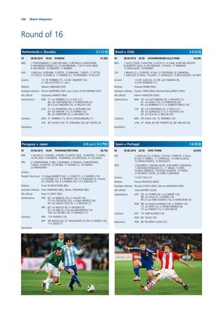 166
Round of 16
Match telegrams
53 28.06.2010 16:00 DURBAN 61,962
NED: 1 STEKELENBURG; 2 VAN DER WIEL, 3 HEITINGA, 4 MATHIJSEN,
5 VAN BRONCKHORST (C), 6 VAN BOMMEL, 7 KUYT, 8 DE JONG,
9 VAN PERSIE, 10 SNEIJDER, 11 ROBBEN
SVK: 1 MUCHA; 2 PEKARIK, 3 SKRTEL, 5 ZABAVNIK, 7 WEISS, 11 VITTEK,
15 STOCH, 16 DURICA, 17 HAMSIK (C), 18 JENDRISEK, 19 KUCKA
Scorers: 1-0 18’ ROBBEN (11), 2-0 84’ SNEIJDER (10),
2-1 90’+4 VITTEK (11, pen.)
Referee: Alberto UNDIANO (ESP)
Assistant referees: Fermin MARTINEZ (ESP), Juan Carlos YUSTE JIMENEZ (ESP)
4th ofﬁcial: Stephane LANNOY (FRA)
Substitutions: NED: 71’ out ROBBEN (11), in ELIA (17)
80’ out VAN PERSIE (9), in HUNTELAAR (21)
90’+2 out SNEIJDER (10), in AFELLAY (20)
SVK: 71’ out JENDRISEK (18), in KOPUNEK (20)
87’ out HAMSIK (17), in SAPARA (10)
88’ out ZABAVNIK (5), in JAKUBKO (14)
Cautions: NED: 31’ ROBBEN (11), 90’+3 STEKELENBURG (1)
SVK: 40’ KUCKA (19), 72’ KOPUNEK (20), 84’ SKRTEL (3)
Expulsions: –
55 29.06.2010 16:00 TSHWANE/PRETORIA 36,742
PAR: 1 VILLAR (C); 3 MOREL, 6 BONET, 9 SANTA CRUZ, 10 BENITEZ, 13 VERA,
14 DA SILVA, 16 RIVEROS, 19 BARRIOS, 20 ORTIGOZA, 21 ALCARAZ
JPN: 21 KAWASHIMA; 2 ABE, 3 KOMANO, 4 TANAKA, 5 NAGATOMO,
7 ENDO, 8 MATSUI, 16 OKUBO, 17 HASEBE (C), 18 HONDA,
22 NAKAZAWA
Scorers: –
Penalty Shoot-out: 1-0 Edgar BARRETO (8), 1-1 ENDO (7), 2-1 BARRIOS (19),
2-2 HASEBE (17), 3-2 RIVEROS (16), 3-2 KOMANO (3, missed),
4-2 VALDEZ (18), 4-3 HONDA (18), 5-3 CARDOZO (7)
Referee: Frank DE BLEECKERE (BEL)
Assistant referees: Peter HERMANS (BEL), Walter VROMANS (BEL)
4th ofﬁcial: Peter O LEARY (NZL)
Substitutions: PAR: 60’ out BENITEZ (10), in VALDEZ (18)
75’ out ORTIGOZA (20), in Edgar BARRETO (8)
94’ out SANTA CRUZ (9), in CARDOZO (7)
JPN: 65’ out MATSUI (8), in OKAZAKI (9)
81’ out ABE (2), in Kengo NAKAMURA (14)
106’ out OKUBO (16), in TAMADA (11)
Cautions: PAR: 118’ RIVEROS (16)
JPN: 58’ MATSUI (8), 72’ NAGATOMO (5), 90’+3 HONDA (18),
113’ ENDO (7)
Expulsions: –
54 28.06.2010 20:30 JOHANNESBURG-ELLIS PARK 54,096
BRA: 1 JULIO CESAR; 2 MAICON, 3 LUCIO (C), 4 JUAN, 6 MICHEL BASTOS,
8 GILBERTO SILVA, 9 LUIS FABIANO, 10 KAKA, 11 ROBINHO,
13 DANI ALVES, 18 RAMIRES
CHI: 1 BRAVO (C); 2 FUENTES, 4 ISLA, 5 CONTRERAS, 6 CARMONA,
7 SANCHEZ, 8 VIDAL, 9 SUAZO, 11 GONZALEZ, 15 BEAUSEJOUR, 18 JARA
Scorers: 1-0 35’ JUAN (4), 2-0 38’ LUIS FABIANO (9),
3-0 59’ ROBINHO (11)
Referee: Howard WEBB (ENG)
Assistant referees: Darren CANN (ENG), Michael MULLARKEY (ENG)
4th ofﬁcial: Martin HANSSON (SWE)
Substitutions: BRA: 76’ out LUIS FABIANO (9), in NILMAR (21)
81’ out KAKA (10), in KLEBERSON (20)
85’ out ROBINHO (11), in GILBERTO MELO (16)
CHI: 46’ out CONTRERAS (5), in TELLO (21)
46’ out GONZALEZ (11), in VALDIVIA (10)
62’ out ISLA (4), in MILLAR (20)
Cautions: BRA: 30’ KAKA (10), 72’ RAMIRES (18)
CHIL: 47’ VIDAL (8), 68’ FUENTES (2), 80’ MILLAR (20)
Expulsions: –
56 29.06.2010 20:30 CAPE TOWN 62,955
ESP: 1 CASILLAS (C); 3 PIQUE, 5 PUYOL, 6 INIESTA, 7 VILLA,
8 XAVI, 9 TORRES, 11 CAPDEVILA, 14 XABI ALONSO,
15 SERGIO RAMOS, 16 BUSQUETS
POR: 1 EDUARDO; 2 BRUNO ALVES, 6 RICARDO CARVALHO,
7 CRISTIANO RONALDO (C), 11 SIMAO, 15 PEPE,
16 RAUL MEIRELES, 18 HUGO ALMEIDA, 19 TIAGO,
21 RICARDO COSTA, 23 FABIO COENTRAO
Scorers: 1-0 63’ VILLA (7)
Referee: Hector BALDASSI (ARG)
Assistant referees: Ricardo CASAS (ARG), Hernan MAIDANA (ARG)
4th ofﬁcial: Carlos BATRES (GUA)
Substitutions: ESP: 58’ out TORRES (9), in LLORENTE (19)
88’ out VILLA (7), in PEDRO (18)
90’+3 out XABI ALONSO (14), in MARCHENA (4)
POR: 58’ out HUGO ALMEIDA (18), in DANNY (10)
72’ out PEPE (15), in PEDRO MENDES (8)
72’ out SIMAO (11), in LIEDSON (9)
Cautions: ESP: 74’ XABI ALONSO (14)
POR: 80’ TIAGO (19)
Expulsions: POR: 89’ RICARDO COSTA (21)
Netherlands v. Slovakia 2-1 (1-0)
Paraguay v. Japan 0-0 a.e.t. 5-3 PSO
Brazil v. Chile 3-0 (2-0)
Spain v. Portugal 1-0 (0-0)
 