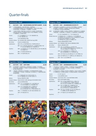 1672010 FIFA World Cup South Africa™
Quarter-ﬁnals
57 02.07.2010 16:00 NELSON MANDELA BAY/PORT ELIZABETH 40,186
NED: 1 STEKELENBURG; 2 VAN DER WIEL, 3 HEITINGA,
5 VAN BRONCKHORST (C), 6 VAN BOMMEL, 7 KUYT, 8 DE JONG,
9 VAN PERSIE, 10 SNEIJDER, 11 ROBBEN, 13 OOIJER
BRA: 1 JULIO CESAR; 2 MAICON, 3 LUCIO (C), 4 JUAN, 5 FELIPE MELO,
6 MICHEL BASTOS, 8 GILBERTO SILVA, 9 LUIS FABIANO, 10 KAKA,
11 ROBINHO, 13 DANI ALVES
Scorers: 0-1 10’ ROBINHO (11), 1-1 53’ SNEIJDER (10),
2-1 68’ SNEIJDER (10)
Referee: Yuichi NISHIMURA (JPN)
Assistant referees: Toru SAGARA (JPN), JEONG Hae Sang (KOR)
4th ofﬁcial: Khalil AL GHAMDI (KSA)
Substitutions: NED: 85’ out VAN PERSIE (9), in HUNTELAAR (21)
BRA: 62’ out MICHEL BASTOS (6), in GILBERTO MELO (16)
77’ out LUIS FABIANO (9), in NILMAR (21)
Cautions: NED: 14’ HEITINGA (3), 47’ VAN DER WIEL (2), 64’ DE JONG (8),
76’ OOIJER (13)
BRA: 37’ MICHEL BASTOS (6)
Expulsions: BRA: 73’ FELIPE MELO (5)
59 03.07.2010 16:00 CAPE TOWN 64,100
ARG: 22 ROMERO; 2 DEMICHELIS, 4 BURDISSO, 6 HEINZE, 7 DI MARIA,
9 HIGUAIN, 10 MESSI, 11 TEVEZ, 14 MASCHERANO (C), 15 OTAMENDI,
20 Maxi RODRIGUEZ
GER: 1 NEUER; 3 FRIEDRICH, 6 KHEDIRA, 7 SCHWEINSTEIGER, 8 OEZIL,
10 PODOLSKI, 11 KLOSE, 13 MUELLER, 16 LAHM (C), 17 MERTESACKER,
20 BOATENG
Scorers: 0-1 3’ MUELLER (13), 0-2 68’ KLOSE (11),
0-3 74’ FRIEDRICH (3), 0-4 89’ KLOSE (11)
Referee: Ravshan IRMATOV (UZB)
Assistant referees: Rafael ILYASOV (UZB), Bakhadyr KOCHKAROV (KGZ)
4th ofﬁcial: Jerome DAMON (RSA)
Substitutions: ARG: 70’ out OTAMENDI (15), in PASTORE (23)
75’ out DI MARIA (7), in AGUERO (16)
GER: 72’ out BOATENG (20), in JANSEN (2)
77’ out KHEDIRA (6), in KROOS (18)
84’ out MUELLER (13), in TROCHOWSKI (15)
Cautions: ARG: 11’ OTAMENDI (15), 80’ MASCHERANO (14)
GER: 35’ MUELLER (13)
Expulsions: –
58 02.07.2010 20:30 JOHANNESBURG-SOCCER CITY 84,017
URU: 1 MUSLERA; 2 LUGANO (C), 4 FUCILE, 6 VICTORINO, 7 CAVANI,
9 SUAREZ, 10 FORLAN, 15 PEREZ, 16 Maximiliano PEREIRA,
17 AREVALO, 20 Alvaro FERNANDEZ
GHA: 22 KINGSON; 2 SARPEI, 3 GYAN, 4 PANTSIL, 5 MENSAH (C), 6 ANNAN,
7 INKOOM, 11 MUNTARI, 15 VORSAH, 21 ASAMOAH, 23 BOATENG
Scorers: 0-1 45’+2 MUNTARI (11), 1-1 55’ FORLAN (10)
Penalty Shoot-out: 1-0 FORLAN (10), 1-1 GYAN (3), 2-1 VICTORINO (6),
2-2 APPIAH (10), 3-2 SCOTTI (19), 3-2 MENSAH (5, saved),
3-2 Maximiliano PEREIRA (16, missed),
3-2 ADIYIAH (18, saved), 4-2 ABREU (13)
Referee: Olegario BENQUERENCA (POR)
Assistant referees: Jose CARDINAL (POR), Bertino MIRANDA (POR)
4th ofﬁcial: Alberto UNDIANO (ESP)
Substitutions: URU: 38’ out LUGANO (2), in SCOTTI (19)
46’ out Alvaro FERNANDEZ (20), in LODEIRO (14)
76’ out CAVANI (7), in ABREU (13)
GHA: 74’ out INKOOM (7), in APPIAH (10)
88’ out MUNTARI (11), in ADIYIAH (18)
Cautions: URU: 20’ FUCILE (4), 48’ AREVALO (17), 59’ PEREZ (15)
GHA: 54’ PANTSIL (4), 77’ SARPEI (2), 93’ MENSAH (5)
Expulsions: URU: 120’+1 Luis SUAREZ (9)
60 03.07.2010 20:30 JOHANNESBURG-ELLIS PARK 55,359
PAR: 1 VILLAR (C); 2 VERON; 3 MOREL, 7 CARDOZO, 8 Edgar BARRETO,
11 SANTANA, 14 DA SILVA, 15 Victor CACERES, 16 RIVEROS,
18 VALDEZ, 21 ALCARAZ
ESP: 1 CASILLAS (C); 3 PIQUE, 5 PUYOL, 6 INIESTA, 7 VILLA, 8 XAVI, 9 TORRES,
11 CAPDEVILA, 14 XABI ALONSO, 15 SERGIO RAMOS, 16 BUSQUETS
Scorers: 0-1 83’ VILLA (7)
Referee: Carlos BATRES (GUA)
Assistant referees: Leonel LEAL (CRC), Carlos PASTRANA (HON)
4th ofﬁcial: Benito ARCHUNDIA (MEX)
Substitutions: PAR: 64’ out Edgar BARRETO (8), in VERA (13)
72’ out VALDEZ (18), in SANTA CRUZ (9)
84’ out Victor CACERES (15), in BARRIOS (19)
ESP: 56’ out TORRES (9), in FABREGAS (10)
75’ out XABI ALONSO (14), in PEDRO (18)
84’ out PUYOL (5), in MARCHENA (4)
Cautions: PAR: 59’ Victor CACERES (15), 59’ ALCARAZ (21),
71’ MOREL (3), 88’ SANTANA (11)
ESP: 57’ PIQUE (3), 63’ BUSQUETS (16)
Expulsions: –
Netherlands v. Brazil 2-1 (0-1)
Argentina v. Germany 0-4 (0-1)
Uruguay v. Ghana 1-1 a.e.t. (1-1, 0-1) PSO 4-2
Paraguay v. Spain 0-1 (0-0)
 