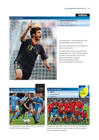 1712010 FIFA World Cup South Africa™
Hyundai Best Young Player Award
1. Thomas Müller (GER, 13)
The FIFA Fair Play Award is given to the team with the best fair
play record, according to a points system and criteria speciﬁed
by the competition regulations.
The Hyundai Best Young Player Award is awarded by
the FIFA Technical Study Group.
adidas Golden Boot
1. Thomas Müller (GER, 13)
2. David Villa (ESP, 7)
3. Wesley Sneijder (NED, 10)
This award goes to the top goalscorer of the
2010 FIFA World Cup South Africa™.
Assists are included if two or more players are
equal on goals scored.
The FIFA Technical Study Group, which was
represented at each match, decides whether
an assist is to be counted. If two or more
players remain equal, the player
who had played fewer minutes
in the ﬁnal competition is ranked ﬁrst.
FIFA Fair Play Award
1. Spain
2. Korea Republic
3. Argentina
 