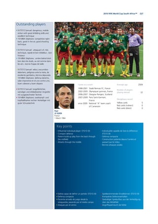 2272010 FIFA World Cup South Africa™
Outstanding players
• 9 ETO’O Samuel: dangerous, mobile
striker with good dribbling skills and
excellent technique
• 19 MBIA Stéphane: competitive right-
back, good in the air, good shooting
technique
• 9 ETO’O Samuel : attaquant vif, très
technique, rapide et bon dribbleur ; bon
finisseur
• 19 MBIA Stéphane : arrière latéral droit
bon dans les duels, au sol comme dans
les airs ; bonne frappe de balle
• 9 ETO’O Samuel: veloz y escurridizo
delantero, peligroso ante la meta, de
excelente gambeta y técnica depurada
• 19 MBIA Stéphane: defensa derecho,
sabe imponerse en el uno contra uno,
buen cabeceo y buen disparo
• 9 ETO’O Samuel: torgefährlicher,
wendiger und dribbelstarker Angreifer
mit ausgezeichneter Technik
• 19 MBIA Stéphane: zweikampf- und
kopfballstarker rechter Verteidiger mit
guter Schusstechnik
Paul
LE GUEN
France
1 March 1964
Average age 25/04
Number of players
playing abroad 22
Disciplinary record
Yellow cards 5
Red cards (indirect) 0
Red cards (direct) 0
• Solista capaz de definir un partido: ETO’O (9)
• Defensa compacta
• Paciente armado de juego desde la
retaguardia, pasando por el medio campo
• Ataques por el centro
• Influential individual player: ETO’O (9)
• Compact defence
• Patient build-up play from the back through
the midfield
• Attacks through the middle
• Spielbestimmender Einzelkönner: ETO’O (9)
• Kompaktes Defensivverhalten
• Geduldiger Spielaufbau aus der Verteidigung
über das Mittelfeld
• Angriffsspiel durch die Mitte
• Individualité capable de faire la différence:
ETO’O (9)
• Défense compacte
• Construction patiente depuis l’arrière et
passant par le milieu
• Bonnes attaques axiales
Key points
Career as a coach
1998-2001 Stade Rennais FC, France
2002-2005 Olympique Lyonnais, France
2006-2007 Glasgow Rangers, Scotland
2007-2009 Paris Saint-Germain,
France
since 2009 National “A” team coach
of Cameroon
 