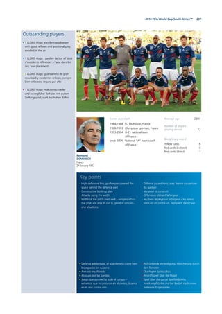 2372010 FIFA World Cup South Africa™
Outstanding players
• 1 LLORIS Hugo: excellent goalkeeper
with good reflexes and positional play,
excelled in the air
• 1 LLORIS Hugo : gardien de but vif doté
d’excellents réflexes et à l’aise dans les
airs; bon placement
• 1 LLORIS Hugo: guardameta de gran
movilidad y excelentes reflejos, siempre
bien colocado; seguro por alto
• 1 LLORIS Hugo: reaktionsschneller
und beweglicher Torhüter mit gutem
Stellungsspiel; stark bei hohen Bällen
Raymond
DOMENECH
France
24 January 1952
Average age 28/01
Number of players
playing abroad 12
Disciplinary record
Yellow cards 6
Red cards (indirect) 0
Red cards (direct) 1
• Defensa adelantada, el guardameta cubre bien
los espacios en su zona
• Armado equilibrado
• Ataques por las bandas
• Juego que aprovecha todo el campo –
extremos que incursionan en el centro, buenos
en el uno contra uno
• High defensive line, goalkeeper covered the
space behind the defence well
• Constructive build-up play
• Attacks using the width
• Width of the pitch used well – wingers attack
the goal, are able to cut in, good in one-on-
one situations
• Aufrückende Verteidigung, Absicherung durch
den Torhüter
• Überlegter Spielaufbau
• Angriffsspiel über die Flügel
• Spiel über die ganze Spielfeldbreite,
zweikampfstarke und bei Bedarf nach innen
ziehende Flügelspieler
• Défense jouant haut, avec bonne couverture
du gardien
• Jeu posé et construit
• Offensives utilisant la largeur
• Jeu bien déployé sur la largeur – les ailiers,
bons en un contre un, repiquent dans l’axe
Key points
Career as a coach
1984-1988 FC Mulhouse, France
1988-1993 Olympique Lyonnais, France
1993-2004 U-21 national team
of France
since 2004 National “A” team coach
of France
 