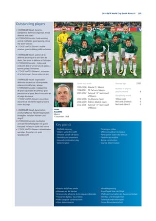 2552010 FIFA World Cup South Africa™
Outstanding players
• 4 MÁRQUEZ Rafael: dynamic,
competitive defensive organiser, linked
defence and attack
• 6 TORRADO Gerardo: hard-working
central midfielder, good passing, drove
the team forward
• 17 DOS SANTOS Giovani: mobile
attacker, good dribbling skills and vision
• 4 MÁRQUEZ Rafael : patron de la
défense dynamique et bon dans les
duels ; lien entre la défense et l’attaque
• 6 TORRADO Gerardo : milieu axial
endurant doté d’un bon jeu de passes ;
bonnes prises d’initiatives
• 17 DOS SANTOS Giovanni : attaquant
vif et technique ; bonne vision du jeu
• 4 MÁRQUEZ Rafael: organizador
defensivo dinámico e infranqueable;
enlace entre defensa y ataque
• 6 TORRADO Gerardo: mediocentro
de gran capacidad de carrera y gran
precisión en el pase; lleva la iniciativa en
el juego de ataque
• 17 DOS SANTOS Giovani: escurridizo
atacante de excelente regate y buena
visión de juego
• 4 MÁRQUEZ Rafael: dynamischer,
zweikampfstarker Abwehrorganisator;
Bindeglied zwischen Abwehr und
Angriff
• 6 TORRADO Gerardo: laufstarker
zentraler Mittelfeldspieler mit gutem
Passspiel; initiativ im Spiel nach vorne
• 17 DOS SANTOS Giovani: dribbelstarker,
wendiger Angreifer mit guter
Spielübersicht
Javier
AGUIRRE
Mexico
1 December 1958
Average age 27/07
Number of players
playing abroad 9
Disciplinary record
Yellow cards 9
Red cards (indirect) 0
Red cards (direct) 0
• Presión de la línea media
• Ataques por las bandas
• Intervención eficiente de los zagueros laterales
• Atacantes ágiles y escurridizos
• Hábil juego de combinaciones
• Gran determinación
• Midfield pressing
• Attacks using the width
• Effective use of full-backs
• Flexibility and movement
• Assured combination play
• Determination
• Mittelfeldpressing
• Angriffsspiel über die Flügel
• Effektives Einschalten der Aussenverteidiger
• Wendig- und Beweglichkeit
• Sicheres Kombinationsspiel
• Grosse Einsatzbereitschaft
• Pressing au milieu
• Offensives utilisant la largeur
• Participation active des latéraux
• Flexibilité et mobilité
• Bonne construction
• Grande détermination
Key points
Career as a coach
1995-1996 Atlante FC, Mexico
1998-2001 CF Pachuca, Mexico
2001-2002 National “A” team coach
of Mexico
2002-2006 CA Osasuna, Spain
2006-2009 Atlético Madrid, Spain
since 2009 National “A” team coach
of Mexico
 