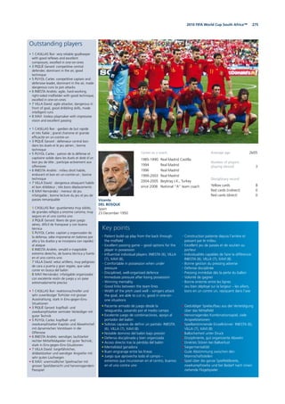 2752010 FIFA World Cup South Africa™
Outstanding players
• 1 CASILLAS Íker: very reliable goalkeeper
with good reflexes and excellent
composure, excelled in one-on-ones
• 3 PIQUÉ Gerard: competitive central
defender, dominant in the air, good
technique
• 5 PUYOL Carles: competitive captain and
defensive leader, dominant in the air, made
dangerous runs to join attacks
• 6 INIESTA Andrés: agile, hard-working
right-sided midfielder with good technique,
excelled in one-on-ones
• 7 VILLA David: agile attacker, dangerous in
front of goal, good dribbling skills, made
intelligent runs
• 8 XAVI: tireless playmaker with impressive
vision and excellent passing
• 1 CASILLAS Íker : gardien de but rapide
et très fiable ; grand charisme et grande
efficacité en un-contre-un
• 3 PIQUÉ Gerard : défenseur central bon
dans les duels et le jeu aérien ; bonne
technique
• 5 PUYOL Carles : patron de la défense et
capitaine solide dans les duels et doté d’un
bon jeu de tête ; participe activement aux
offensives
• 6 INIESTA Andrés : milieu droit habile,
endurant et bon en un-contre-un ; bonne
technique
• 7 VILLA David : dangereux attaquant habile
et bon dribbleur ; très bons déplacements
• 8 XAVI Hernández : meneur de jeu
infatigable ; bonne lecture du jeu et jeu de
passes remarquable
• 1 CASILLAS Íker: guardameta muy sólido,
de grandes reflejos y enorme carisma; muy
seguro en el uno contra uno
• 3 PIQUÉ Gerard: líbero de gran juego
aéreo, difícil de franquear y con buena
técnica
• 5 PUYOL Carles: capitán y organizador de
la defensa; sabe imponerse en balones por
alto y los duelos y se incorpora con rapidez
al ataque
• 6 INIESTA Andrés: versátil e inagotable
extremo derecho, de buena técnica y fuerte
en el uno contra uno
• 7 VILLA David: veloz artillero, muy peligroso
de cara a puerta y gran regate, que sabe
correr en busca del balón
• 8 XAVI Hernández: infatigable organizador
con excelente visión de juego y un pase
extremadamente preciso
• 1 CASILLAS Íker: reaktionsschneller und
sehr zuverlässiger Torhüter mit grosser
Ausstrahlung, stark in Eins-gegen-Eins-
Situationen
• 3 PIQUÉ Gerard: kopfball- und
zweikampfstarker zentraler Verteidiger mit
guter Technik
• 5 PUYOL Carles: kopfball- und
zweikampfstarker Kapitän und Abwehrchef
mit dynamischen Vorstössen in die
Offensive
• 6 INIESTA Andrés: wendiger, laufstarker
rechter Mittelfeldspieler mit guter Technik;
stark in Eins-gegen-Eins-Situationen
• 7 VILLA David: torgefährlicher,
dribbelstarker und wendiger Angreifer mit
sehr guten Laufwegen
• 8 XAVI: unermüdlicher Spielmacher mit
grosser Spielübersicht und hervorragendem
Passspiel
Vicente
DEL BOSQUE
Spain
23 December 1950
Average age 26/05
Number of players
playing abroad 3
Disciplinary record
Yellow cards 8
Red cards (indirect) 0
Red cards (direct) 0
• Paciente armado de juego desde la
retaguardia, pasando por el medio campo
• Excelente juego de combinaciones, apoyo al
portador del balón
• Solistas capaces de definir un partido: INIESTA
(6), VILLA (7), XAVI (8)
• Notable dominio del balón bajo presión
• Defensa disciplinada y bien organizada
• Acoso directo tras la pérdida del balón
• Mentalidad ganadora
• Buen engranaje entre las líneas
• Juego que aprovecha todo el campo –
extremos que incursionan en el centro, buenos
en el uno contra uno
• Patient build-up play from the back through
the midfield
• Excellent passing game – good options for the
player in possession
• Influential individual players: INIESTA (6), VILLA
(7), XAVI (8),
• Comfortable in possession when under
pressure
• Disciplined, well-organised defence
• Immediate pressure after losing possession
• Winning mentality
• Good links between the team lines
• Width of the pitch used well – wingers attack
the goal, are able to cut in, good in one-on-
one situations
• Geduldiger Spielaufbau aus der Verteidigung
über das Mittelfeld
• Hervorragendes Kombinationsspiel, viele
Anspielstationen
• Spielbestimmende Einzelkönner: INIESTA (6),
VILLA (7), XAVI (8)
• Ballsicherheit unter Druck
• Disziplinierte, gut organisierte Abwehr
• Direktes Stören bei Ballverlust
• Siegermentalität
• Gute Abstimmung zwischen den
Mannschaftsteilen
• Spiel über die ganze Spielfeldbreite,
zweikampfstarke und bei Bedarf nach innen
ziehende Flügelspieler
• Construction patiente depuis l’arrière et
passant par le milieu
• Excellent jeu de passes et de soutien au
porteur
• Individualités capables de faire la différence:
INIESTA (6), VILLA (7), XAVI (8)
• Bonne gestion du pressing adverse
• Défense disciplinée
• Pressing immédiat dès la perte du ballon
• Volonté de gagner
• Bonne entente entre les lignes
• Jeu bien déployé sur la largeur – les ailiers,
bons en un contre un, repiquent dans l’axe
Key points
Career as a coach
1985-1990 Real Madrid Castilla
1994 Real Madrid
1996 Real Madrid
1999-2003 Real Madrid
2004-2005 Beşiktaş J.K., Turkey
since 2008 National “A” team coach
 