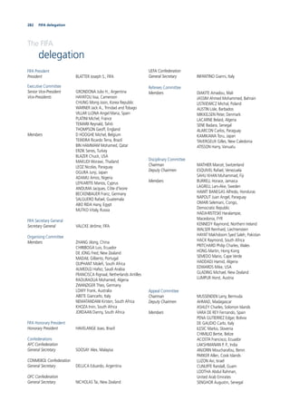 282 FIFA delegation
The FIFA
delegation
FIFA President
President BLATTER Joseph S., FIFA
Executive Committee
Senior Vice-President GRONDONA Julio H., Argentina
Vice-Presidents HAYATOU Issa, Cameroon
CHUNG Mong Joon, Korea Republic
WARNER Jack A., Trinidad and Tobago
VILLAR LLONA Angel Maria, Spain
PLATINI Michel, France
TEMARII Reynald, Tahiti
THOMPSON Geoff, England
Members D HOOGHE Michel, Belgium
TEIXEIRA Ricardo Terra, Brazil
BIN HAMMAM Mohamed, Qatar
ERZIK Senes, Turkey
BLAZER Chuck, USA
MAKUDI Worawi, Thailand
LEOZ Nicolas, Paraguay
OGURA Junji, Japan
ADAMU Amos, Nigeria
LEFKARITIS Marios, Cyprus
ANOUMA Jacques, Côte d’Ivoire
BECKENBAUER Franz, Germany
SALGUERO Rafael, Guatemala
ABO RIDA Hany, Egypt
MUTKO Vitaly, Russia
FIFA Secretary General
Secretary General VALCKE Jérôme, FIFA
Organising Committee
Members ZHANG Jilong, China
CHIRIBOGA Luis, Ecuador
DE JONG Fred, New Zealand
MADAIL Gilberto, Portugal
OLIPHANT Moleﬁ, South Africa
ALMEDLEJ Hafez, Saudi Arabia
FRANCISCA Rignaal, Netherlands Antilles
RAOURAOUA Mohamed, Algeria
ZWANZIGER Theo, Germany
LOWY Frank, Australia
ABETE Giancarlo, Italy
NEMATANDANI Kirsten, South Africa
KHOZA Irvin, South Africa
JORDAAN Danny, South Africa
FIFA Honorary President
Honorary President HAVELANGE Joao, Brazil
Confederations
AFC Confederation
General Secretary SOOSAY Alex, Malaysia
CONMEBOL Confederation
General Secretary DELUCA Eduardo, Argentina
OFC Confederation
General Secretary NICHOLAS Tai, New Zealand
UEFA Confederation
General Secretary INFANTINO Gianni, Italy
Referees Committee
Members DIAKITE Amadou, Mali
JASSIM Ahmed Mohammed, Bahrain
LISTKIEWICZ Michal, Poland
AUSTIN Lisle, Barbados
MIKKELSEN Peter, Denmark
LACARNE Belaid, Algeria
SENE Badara, Senegal
ALARCON Carlos, Paraguay
KAMIKAWA Toru, Japan
TAVERGEUX Gilles, New Caledonia
ATISSON Harry, Vanuatu
Disciplinary Committee
Chairman MATHIER Marcel, Switzerland
Deputy Chairmen ESQUIVEL Rafael, Venezuela
SAHU KHAN Muhammad, Fiji
Members BURRELL Horace, Jamaica
LAGRELL Lars-Ake, Sweden
HAWIT BANEGAS Alfredo, Honduras
NAPOUT Juan Angel, Paraguay
OMARI Selemani, Congo,
Democratic Republic
HADJI-RISTESKI Haralampie,
Macedonia, FYR
KENNEDY Raymond, Northern Ireland
WALSER Reinhard, Liechtenstein
HAYAT Makhdoom Syed Saleh, Pakistan
HACK Raymond, South Africa
PRITCHARD Philip Charles, Wales
HONG Martin, Hong Kong
SEMEDO Mario, Cape Verde
HADDADJ Hamid, Algeria
EDWARDS Mike, USA
GLADING Michael, New Zealand
LUMPUR Horst, Austria
Appeal Committee
Chairman MUSSENDEN Larry, Bermuda
Deputy Chairmen AHMAD, Madagascar
ASHLEY Charles, Solomon Islands
Members VARA DE REY Fernando, Spain
PENA GUTIERREZ Edgar, Bolivia
DE GAUDIO Carlo, Italy
ILESIC Marko, Slovenia
CHIMILIO Bertie, Belize
ACOSTA Francisco, Ecuador
LAKSHMANAN P. P., India
ANJORIN Moucharafou, Benin
PARKER Allen, Cook Islands
LUZON Avi, Israel
CUNLIFFE Randall, Guam
LOOTHA Abdul Rahman,
United Arab Emirates
SENGHOR Augustin, Senegal
 