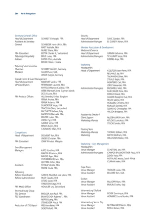 284 FIFA delegation
Secretary General’s Ofﬁce
Head of Department SCHMIDT Christoph, FIFA
Assistants to Secretary
General SCHNEIDER Hans-Ulrich, FIFA
MATT Nathalie, FIFA
NUNEZ Eliana, FIFA
FIFA Consultant BOTTA Charles R., Switzerland
Ticketing & Hospitality BRUD Lukas, FIFA
Advisors EATON Chris, Australia
BOSKIC Robin, Croatia
Ticketing Sub-Committee
Chairman SCHMIDT Horst R., Germany
Members GULATI Sunil, USA
LENTZE Gregor, Germany
Special Events & Guest Management
Head of Department MARFURT Sandra, FIFA
VIP Coordinators PETERMANN Laurette, FIFA
NYFFELER Manon-Caroline, FIFA
WEBB Manesa Kahea, Cayman Islands
ZICCA Laura, FIFA
FIFA Protocol Ofﬁcers HILL Beverley, United Kingdom
PERNA Andrea, FIFA
PERNA Roberto, FIFA
DUMORTIER Serge, FIFA
TRACCHIA Silvia, Switzerland
FACCHETTI Barbara, Italy
BAERTSCH Manuela, FIFA
BRUDER Lukas, FIFA
LOISEL Cyril, FIFA
GAEBLE Sonja, FIFA
REMUS Karen, FIFA
CAVALIERO Marc, FIFA
Competitions
Heads of Department DELMONT Ron, FIFA
UNGER Christian, FIFA
FIFA Consultant JOHN Windsor, Malaysia
Event Management
Managers KATO Ko-ichiro, FIFA
MARTIN Rhiannon, FIFA
RAVENS Ryan, FIFA
OSTERBERGER Karin, FIFA
WHYBRA Esther, FIFA
Assistants NYOKA Silindile, FIFA
PAONE Giulia, FIFA
Refereeing
Referee Coordinator GARCIA ARANDA Jose Maria, FIFA
Referee Administration PILOT Claudio, FIFA
OTERO Javier, FIFA
STRELTSOV Edgar, FIFA
FIFA Media Ofﬁcer HONAUER Urs, Switzerland
Technical Study Group
TSG Director BRIGGER Jean-Paul, FIFA
TSG Coordinators BRANTSCHEN Roberto T., FIFA
NEPFER Juerg, FIFA
STEINEGGER Prisca, FIFA
Production of TSG Report FREI Hans-Peter, FIFA
SIEBOTH Rolf, FIFA
Security
Head of Department SAVIC Gordon, FIFA
Administration Manager EL GUINDY Adnan, FIFA
Member Associations & Development
Medicine & Science
Head of Department GRIMM Katharina, FIFA
Administration Managers SCHLUMPF Sonja, FIFA
KOENIG Anja, FIFA
Marketing
Headquarters
Heads of Department KOELTGEN Jean-Pierre, FIFA
NEUHAUS Jay, FIFA
TAKAHASHI Oliver, FIFA
STRAUS Ralph, FIFA
MONTEIRO Carl, FIFA
JOBST Alexander, FIFA
Administration Managers BROWNELL Matt, FIFA
FLUECKIGER Petra, FIFA
FOWLER David, FIFA
GOLDIN Rosalynne Sue, FIFA
HEUSS Sabina, FIFA
HOELLERL Christina, FIFA
MUELLER Daniela, FIFA
SONNTAG Christopher, FIFA
WILSON Bridgette, FIFA
Assistant to Director /
Client Support NUSSBAUMER Karin, FIFA
Marketing Alliances NTLOKO Luntokazi, FIFA
STUCKI Sandra, FIFA
Floating Team
Marketing Alliances THOMAS William, FIFA
Marketing MEYER Wolfram, FIFA
WILLEMSEN Meike, FIFA
Marketing - Event Management
Headquarters
Venue Manager SCHETTERS Jan, FIFA
Administration Managers CAMPOS-BAUMGARTNER Paula, FIFA
ZONDI Vista, FIFA
MOTAUNG Jessica, South Africa
CURRAN Helen, FIFA
Cape Town
Venue Manager TROXLER Lukas, FIFA
Venue Assistant BELLORD Tom, USA
Durban
Venue Manager PALLIOPPI Marc, FIFA
Venue Assistant BRAUN Charles, Italy
Johannesburg Ellis Park
Venue Manager BOYER Dominique, FIFA
Venue Assistant ADRIANCE Laura Brooke, FIFA
Johannesburg Soccer City
Venue Manager NUSSBAUMER Martin, FIFA
Venue Assistant ROELLI Adrian, FIFA
 