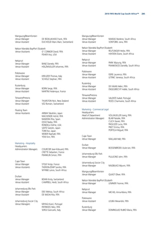 2852010 FIFA World Cup South Africa™
Mangaung/Bloemfontein
Venue Manager DE REDELIJKHEID Frank, FIFA
Venue Assistant DUCHOUD Marc-Alain, Switzerland
Nelson Mandela Bay/Port Elizabeth
Venue Assistants O’ CONNOR David, FIFA
FISHER Anji, USA
Nelspruit
Venue Manager BANZ Daniela, FIFA
Venue Assistant HOLZMUELLER Johannes, FIFA
Polokwane
Venue Manager KREUZER Thomas, Italy
Venue Assistant SCHOLZ Stephan, FIFA
Rustenburg
Venue Manager BORN Serge, FIFA
Venue Assistant MARTIN Frederique, France
Tshwane/Pretoria
Venue Manager THURSTON Nick, New Zealand
Venue Assistant VEZ Romain, Switzerland
Floating Team
Venue Assistants ARIMA Takahiko, Japan
MACKENZIE Astrid, FIFA
NAMORA Rita, Spain
OSSO Nadia, FIFA
RONDELLI Dafne, USA
SAITO Satoshi, Japan
TORII Kei, Japan
WEBER Raphaël, FIFA
YEW Kim, FIFA
Marketing - Hospitality
Headquarters
Administration Managers COURCIER Jean-Edouard, FIFA
CRETTE Sebastien, France
FRANKLIN Simon, FIFA
Cape Town
Venue Manager STOLP Antje, France
Venue Assistants THERON-ZEMP Sandra, FIFA
WYNNE Lance, South Africa
Durban
Venue Manager BOHN Kirsty, Switzerland
Venue Assistant CAMPBELL Heidi, South Africa
Johannesburg Ellis Park
Venue Manager DEE Melissa, South Africa
Venue Assistant DE NADAI Rita, FIFA
Johannesburg Soccer City
Venue Managers MIYAGI Kaori, Portugal
PATRIKIOS Niko, FIFA
SERGI Giancarlo, Italy
Mangaung/Bloemfontein
Venue Manager MARAIS Marlene, South Africa
Venue Assistant VONTOBEL Jana, FIFA
Nelson Mandela Bay/Port Elizabeth
Venue Manager REUTLINGER Heike, FIFA
Venue Assistant HAYDEN Diane, South Africa
Nelspruit
Venue Manager PARK Myoung, FIFA
Venue Assistant FRANKISKOS Daniella, South Africa
Polokwane
Venue Manager ISERE Laurence, FIFA
Venue Assistant LETINIC Vanessa, South Africa
Rustenbrg
Venue Manager DE HAAN Helen, FIFA
Venue Assistant ENGELBRECHT Adele, South Africa
Tshwane/Pretoria
Venue Manager VALENTE Isabel, Portugal
Venue Assistant ROOS Charmaine, South Africa
Marketing - Commercial Legal
Headquarters
Head of Department VOLLMUELLER Joerg, FIFA
Administration Managers BLAIR Natalie, FIFA
CUCH Xavier, FIFA
PAOLOZZI Lucia, FIFA
PIKET Emma, FIFA
PORTELA Miguel, FIFA
Cape Town
Venue Manager MALLAM Mel, FIFA
Durban
Venue Manager BOSSENBROEK Auke-Jan, FIFA
Johannesburg Ellis Park
Venue Manager PULLICINO John, FIFA
Johannesburg Soccer City
Venue Manager MAZIBUKO Mpumi, FIFA
Mangaung/Bloemfontein
Venue Manager QUAST Oliver, FIFA
Nelson Mandela Bay/Port Elizabeth
Venue Manager LEMMER Yvonne, FIFA
Nelspruit
Venue Manager MICHEL Anna-Maria, FIFA
Polokwane
Venue Assistant LEUBA Alexandre, FIFA
Rustenburg
Venue Manager DOMINGUEZ RUBIO Maria, FIFA
 